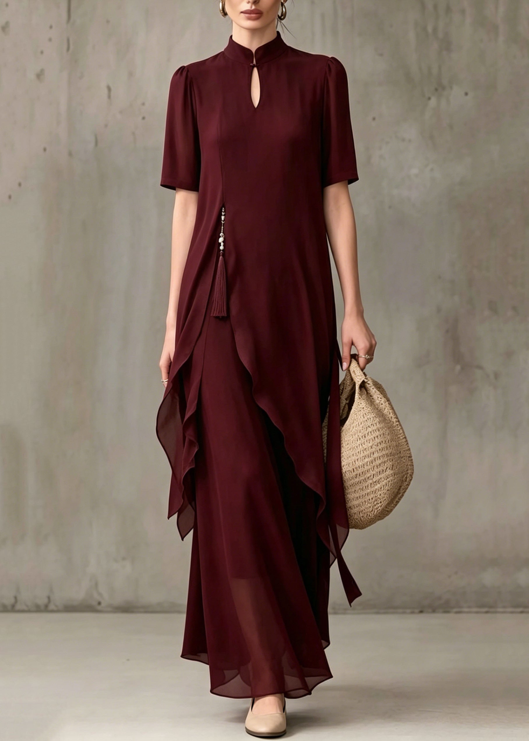 Keyhole Stand Collar Asymmetrical Drape Layer Chiffon Maxi Dress