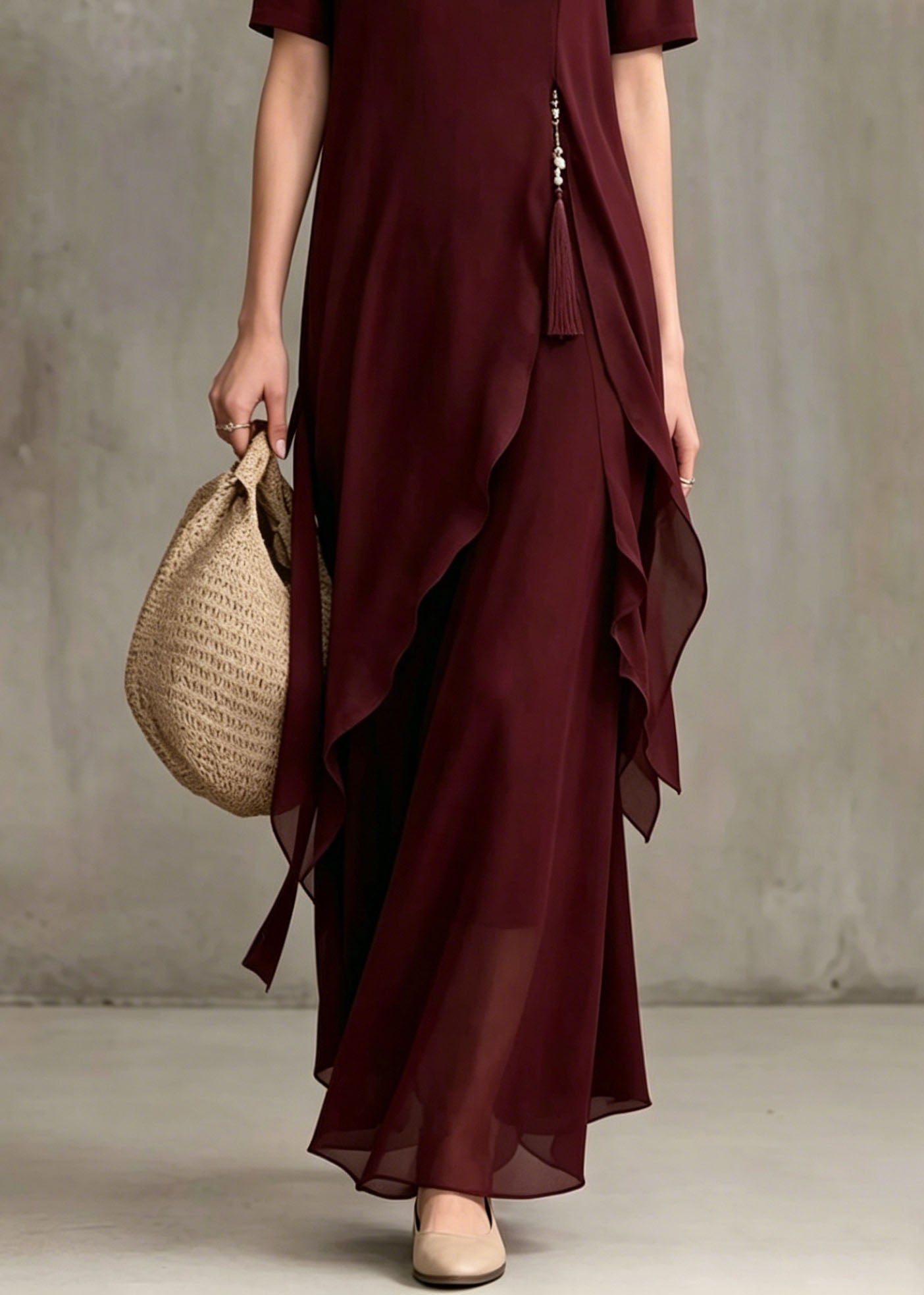 Keyhole Stand Collar Asymmetrical Drape Layer Chiffon Maxi Dress