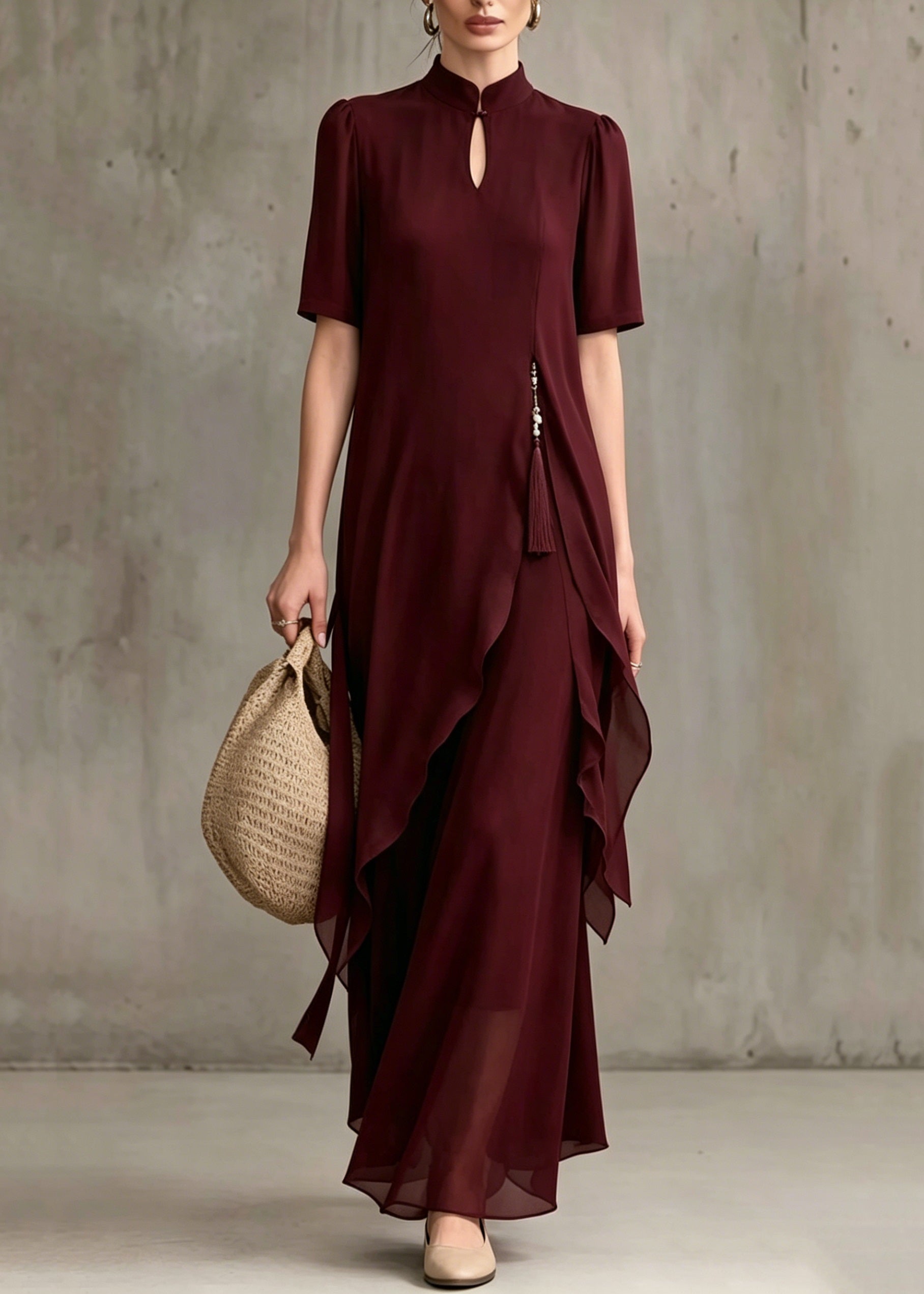 Keyhole Stand Collar Asymmetrical Drape Layer Chiffon Maxi Dress