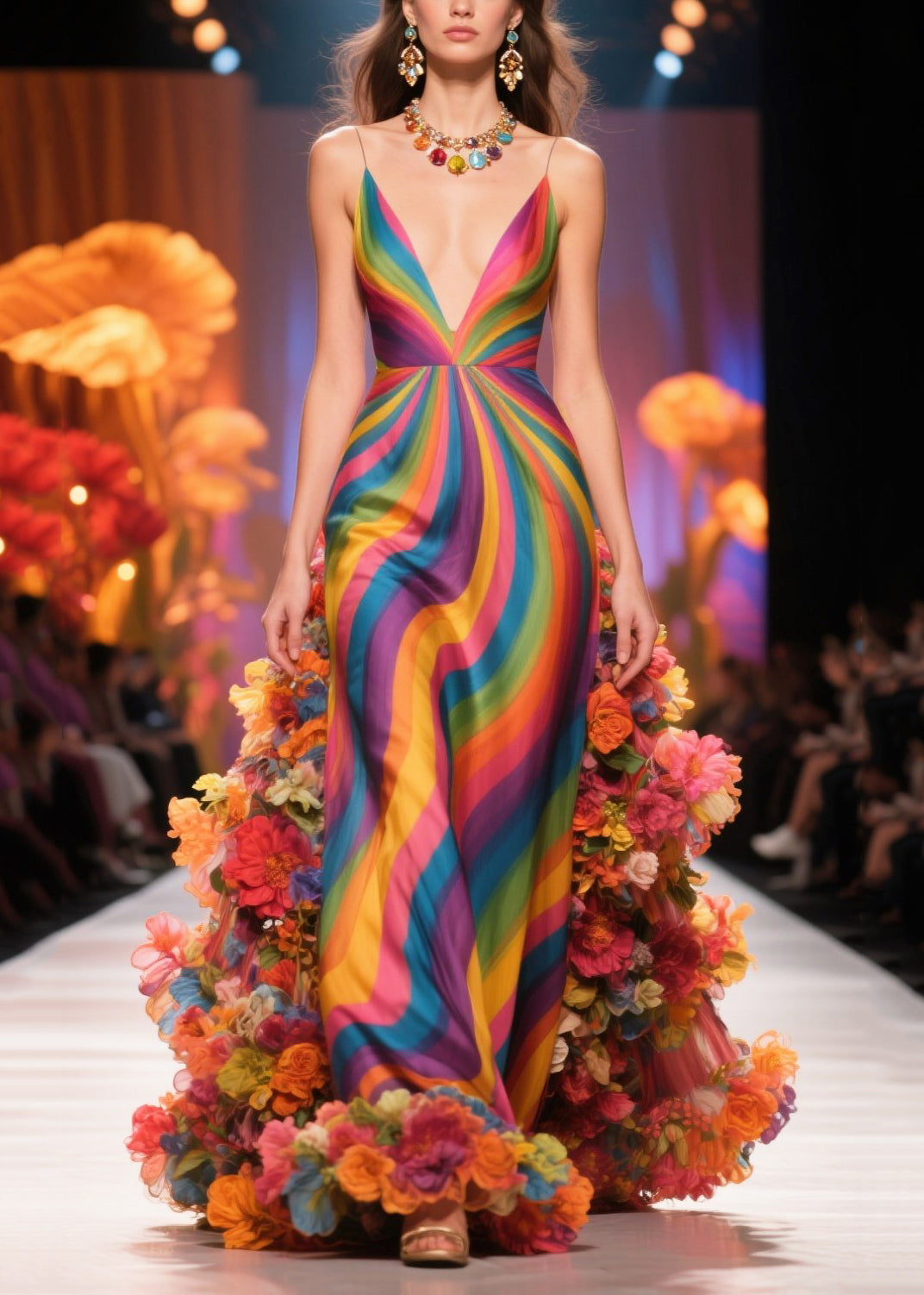 Spiral Print Spaghetti Strap Deep V-Neck 3D Floral Hem Gown