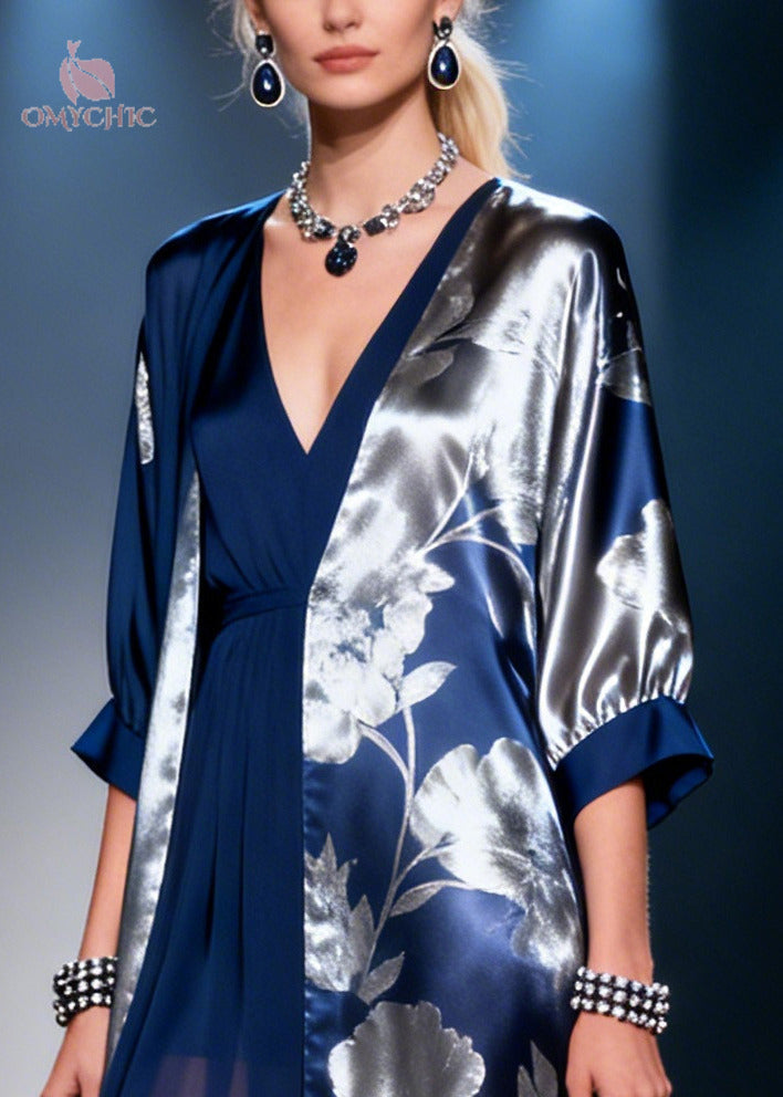 Floral Print Deep V-Neck Sheer Skirt Maxi Gown and Open Front Long Coat Two Piece Set