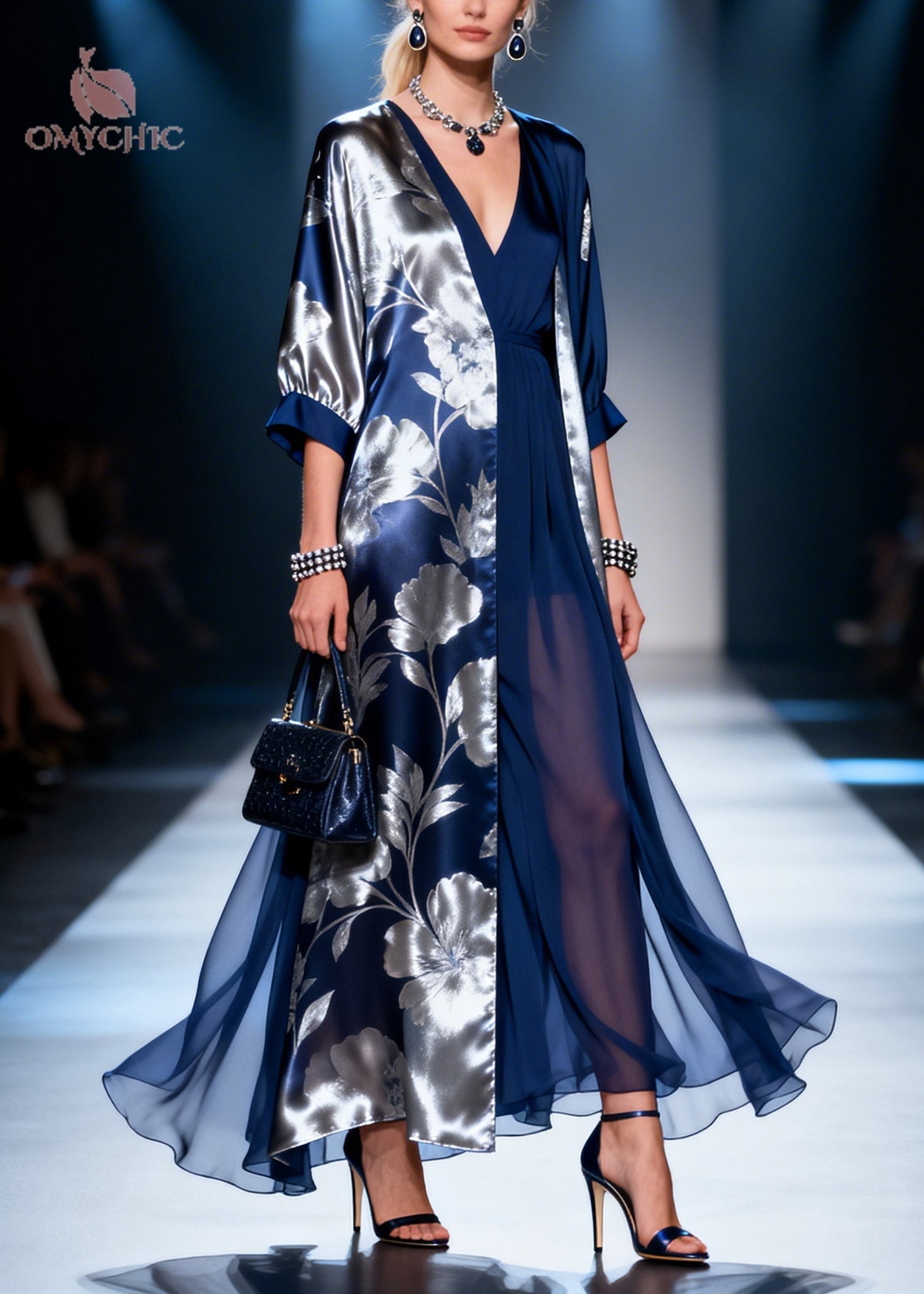 Floral Print Deep V-Neck Sheer Skirt Maxi Gown and Open Front Long Coat Two Piece Set