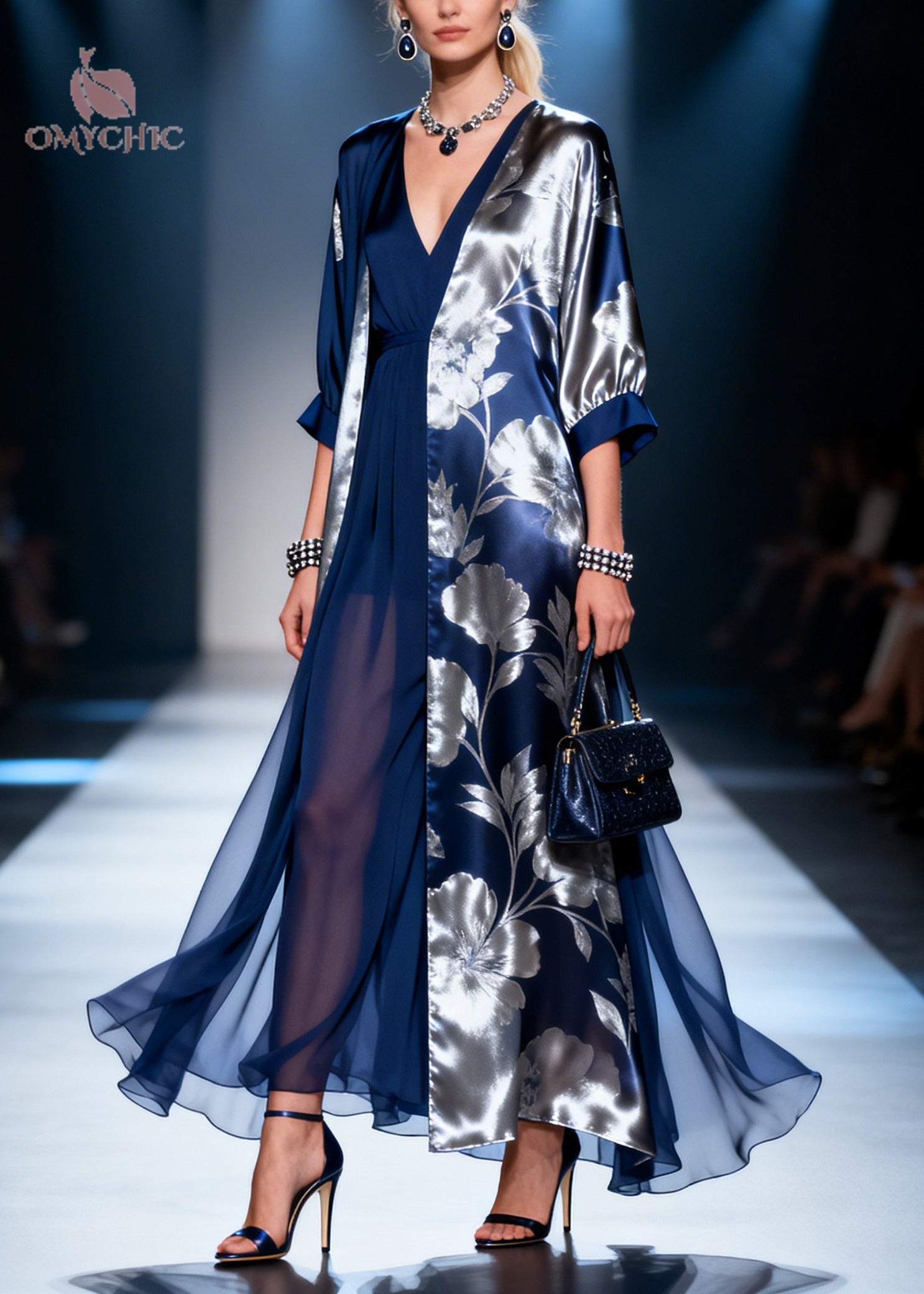 Floral Print Deep V-Neck Sheer Skirt Maxi Gown and Open Front Long Coat Two Piece Set