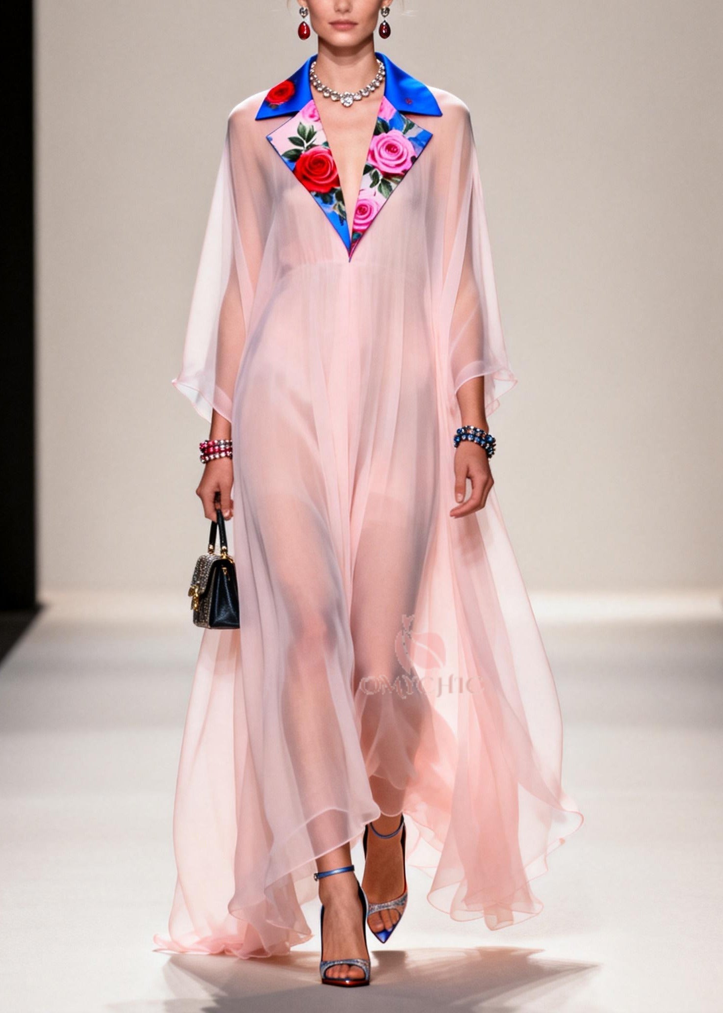 Sheer Chiffon Floral Collar Plunge V-Neck Billow Sleeve Empire Waist Maxi Gown