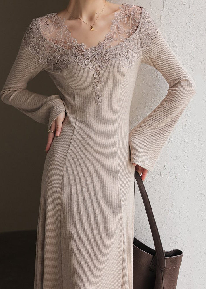 Ribbed Knit V-Neck Floral Lace Trim Long Sleeve Flared Midi Dress