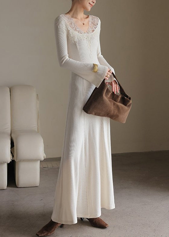 Ribbed Knit V-Neck Floral Lace Trim Long Sleeve Flared Midi Dress