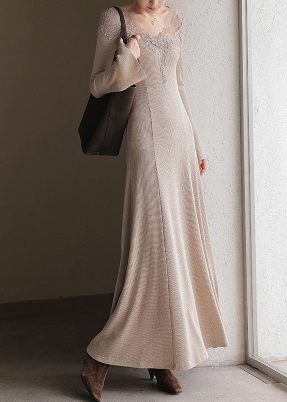 Ribbed Knit V-Neck Floral Lace Trim Long Sleeve Flared Midi Dress
