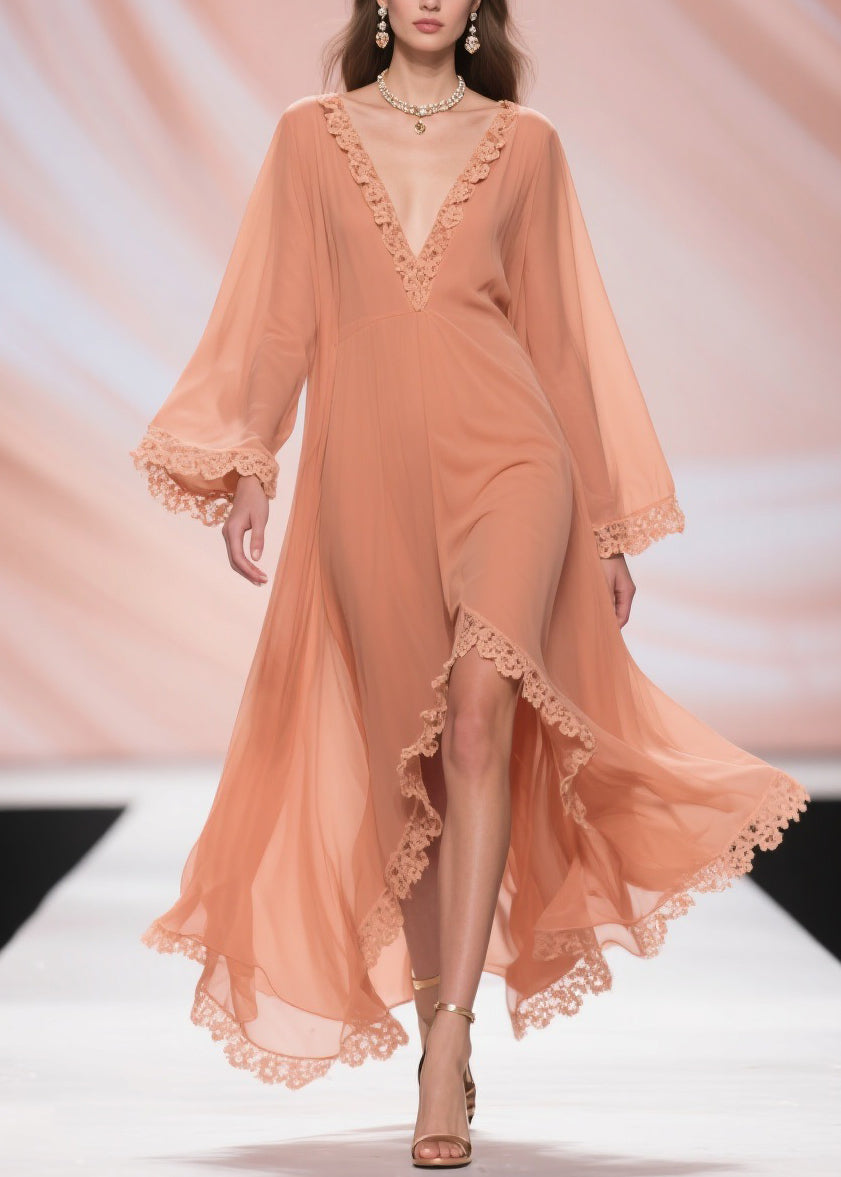 Chiffon Deep V-Neck Bell Sleeve Lace Trim High Low Maxi Dress