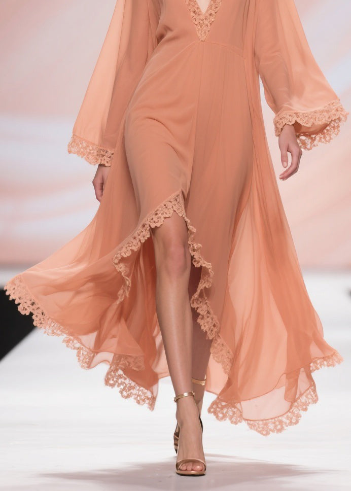 Chiffon Deep V-Neck Bell Sleeve Lace Trim High Low Maxi Dress