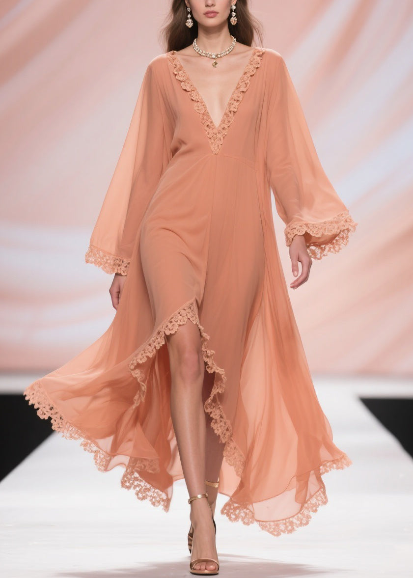 Chiffon Deep V-Neck Bell Sleeve Lace Trim High Low Maxi Dress