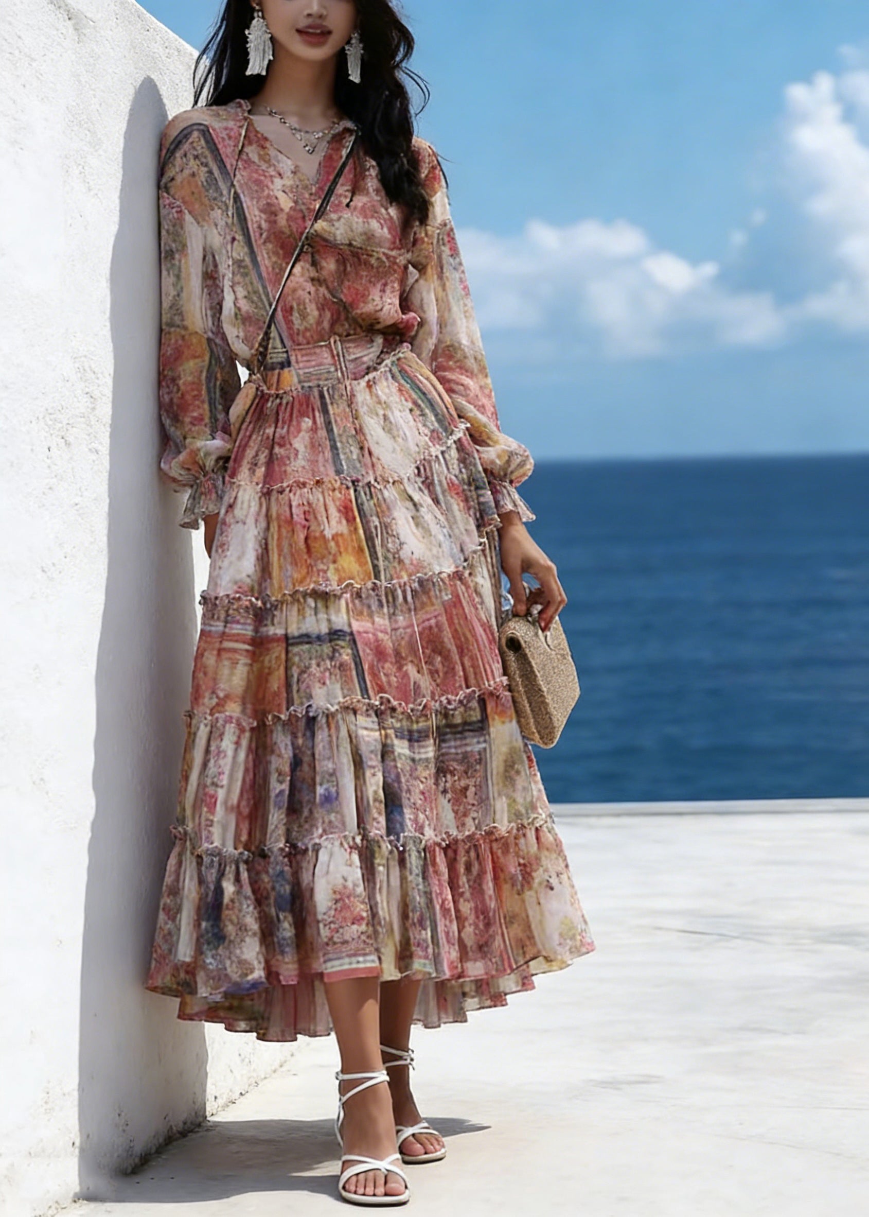 V-Neck Long Sleeve Tiered Ruffle Chiffon High Low Maxi Dress