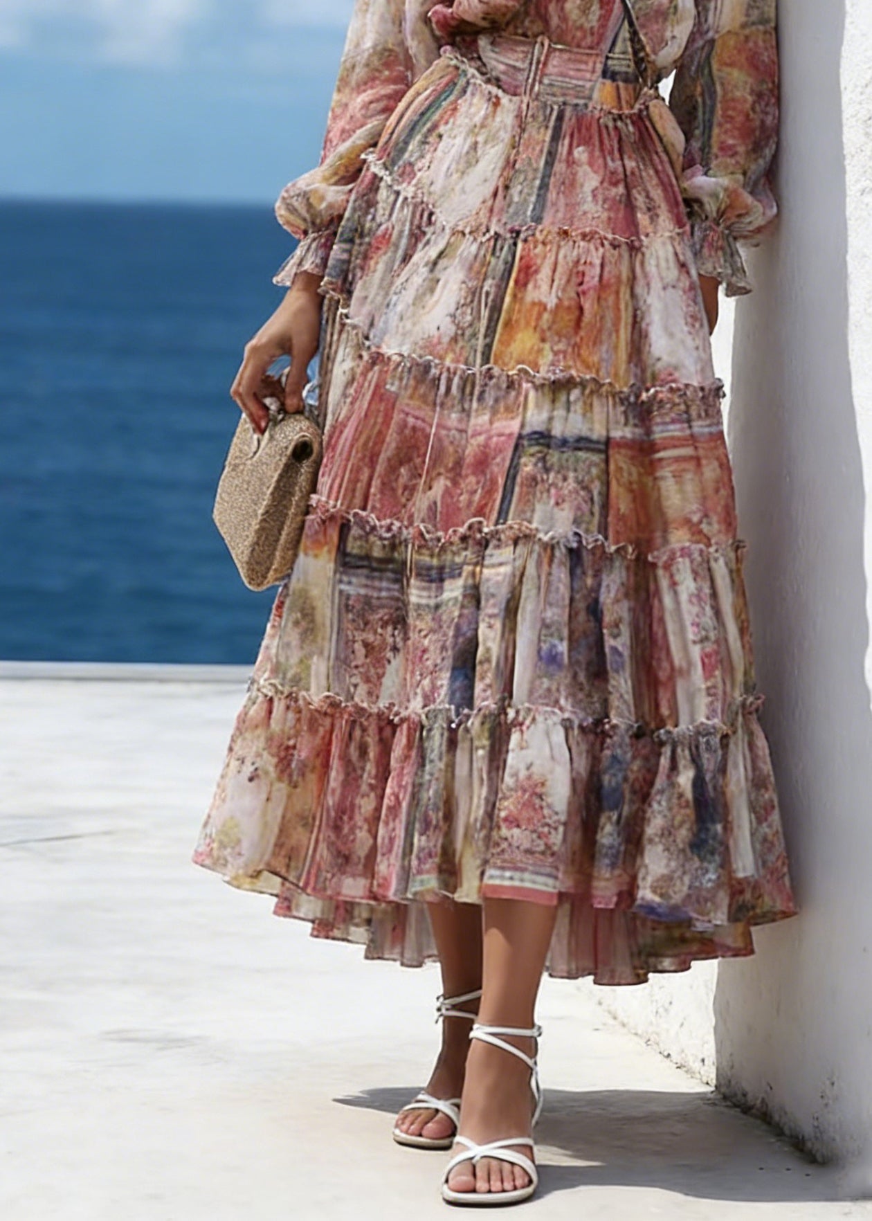 V-Neck Long Sleeve Tiered Ruffle Chiffon High Low Maxi Dress