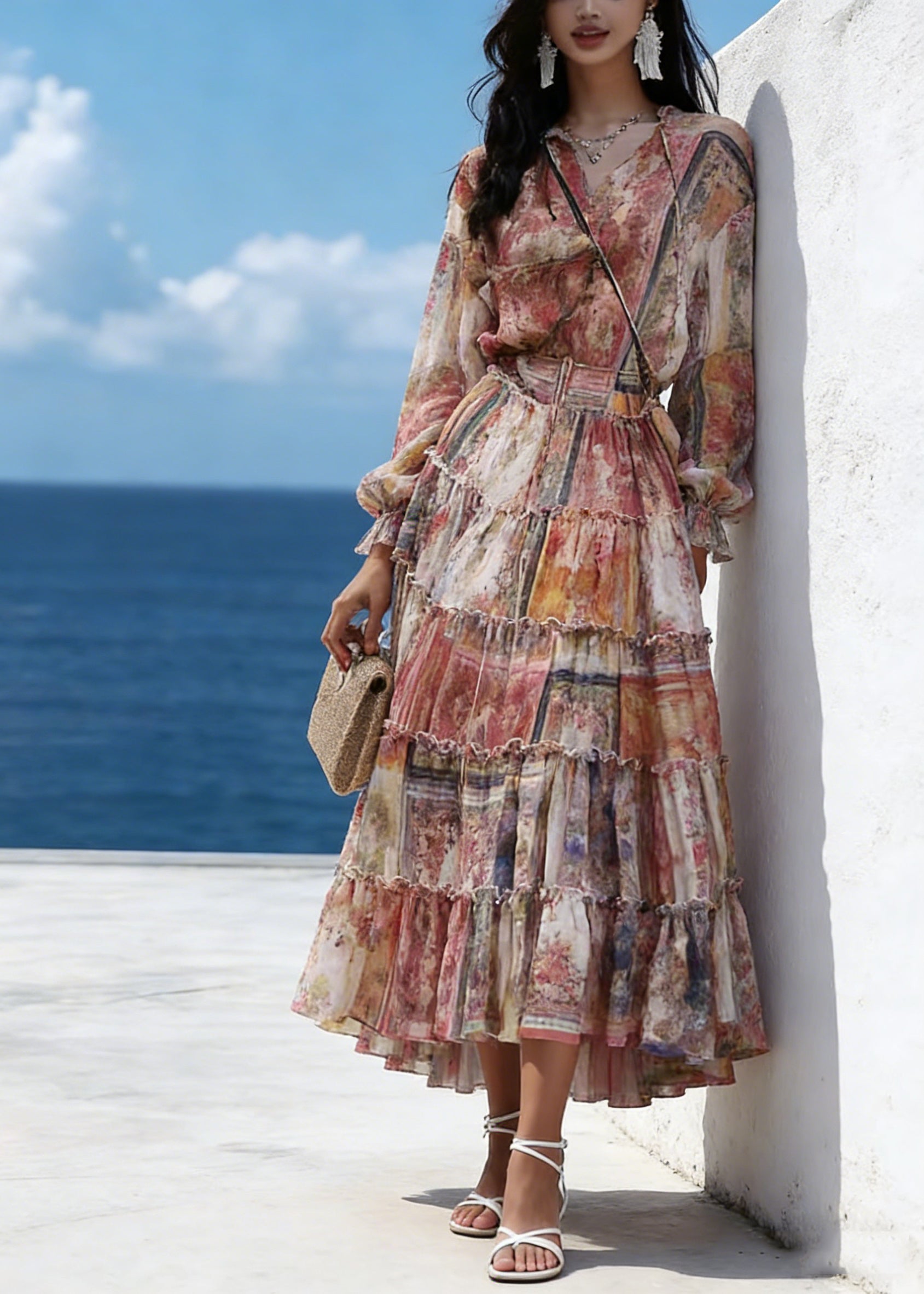 V-Neck Long Sleeve Tiered Ruffle Chiffon High Low Maxi Dress