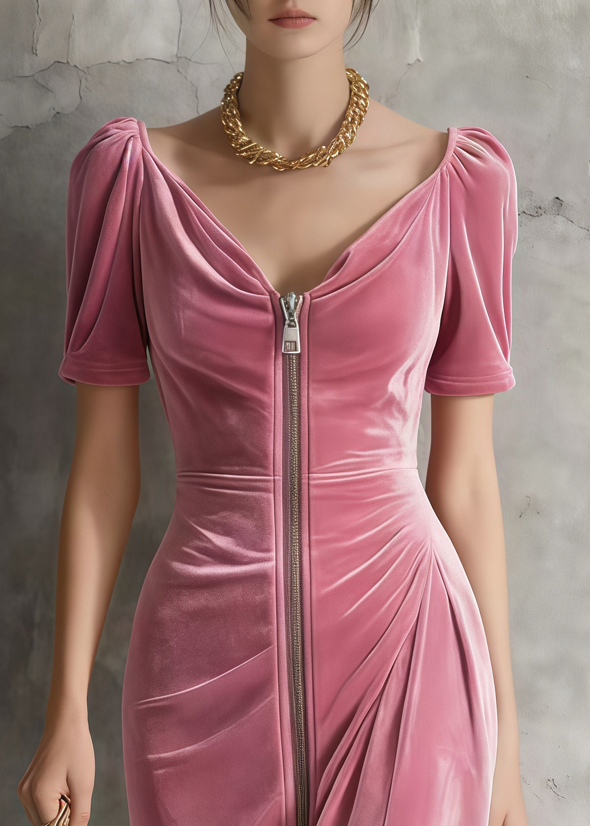 Velvet V-Neck Short Puff Sleeve Zip Front Ruched Midi Dress 2