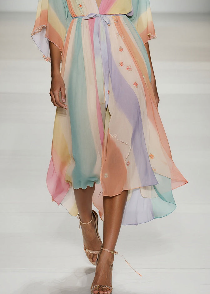 Chiffon Deep V-Neck Batwing Sleeve Tie Waist High Low Midi Dress - View 4