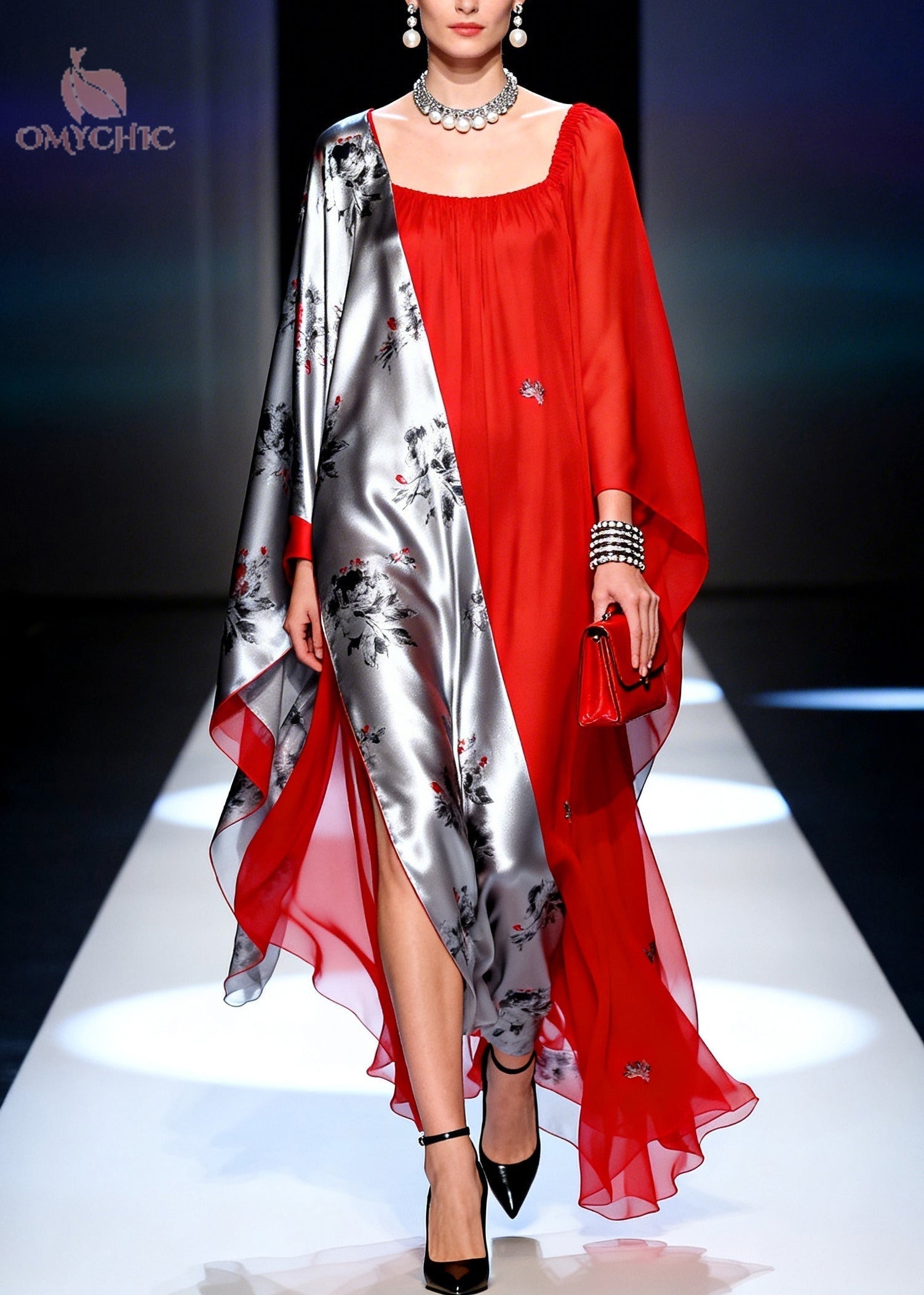 Chiffon Floral Panel Square Neck Cape Sleeve High Split Asymmetric Kaftan Maxi Gown