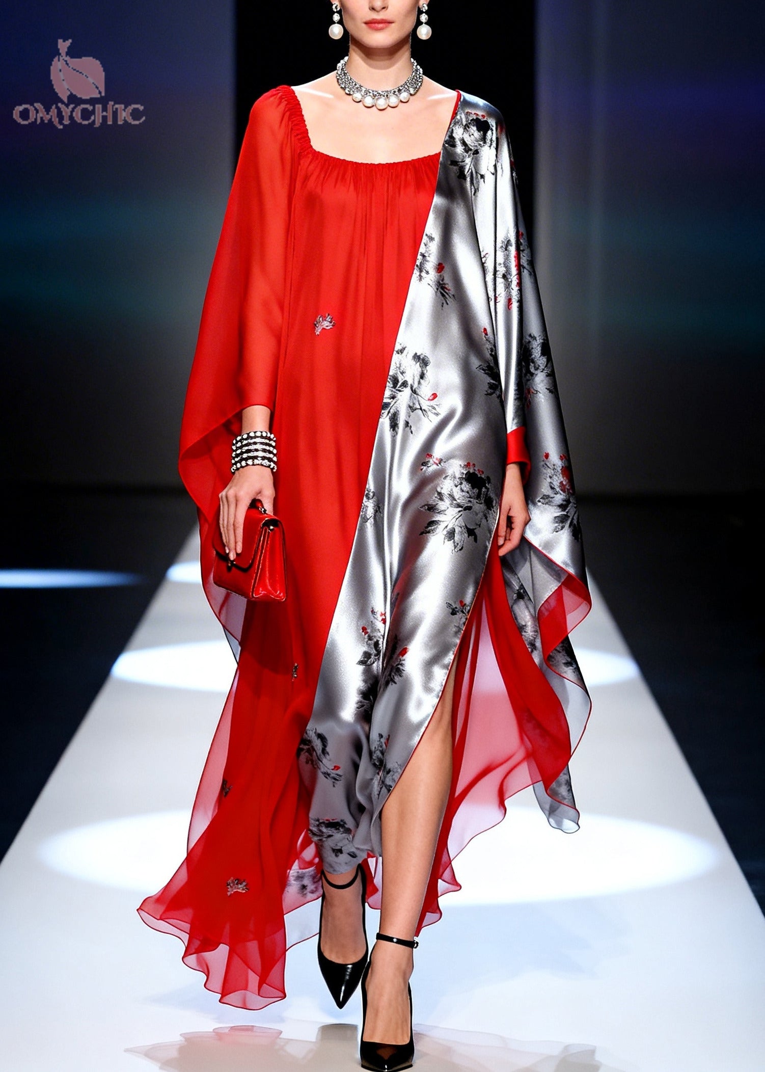 Chiffon Floral Panel Square Neck Cape Sleeve High Split Asymmetric Kaftan Maxi Gown