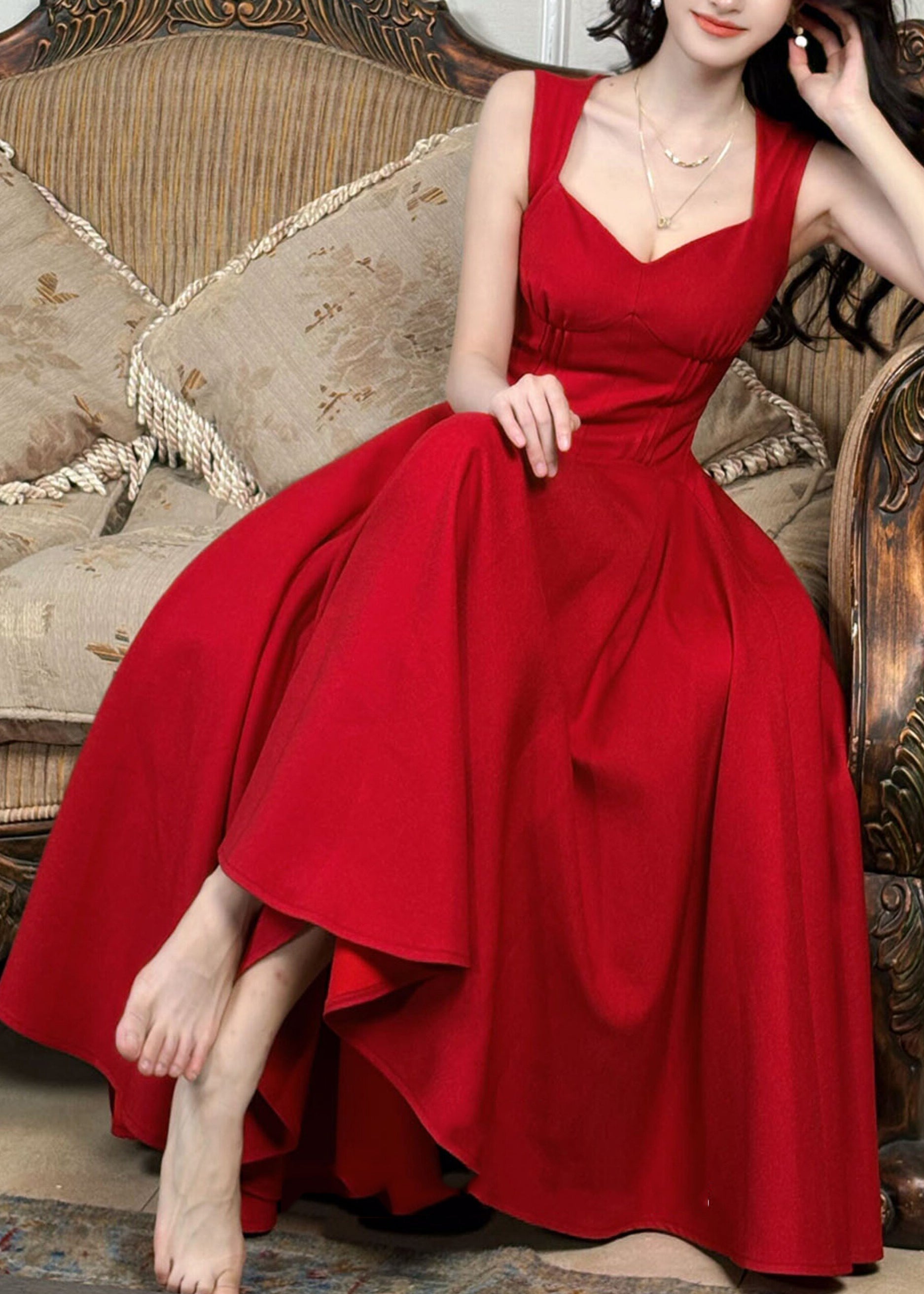 Fine Red Patchwork Tunic Long Spaghetti Strap Dresses Sleeveless