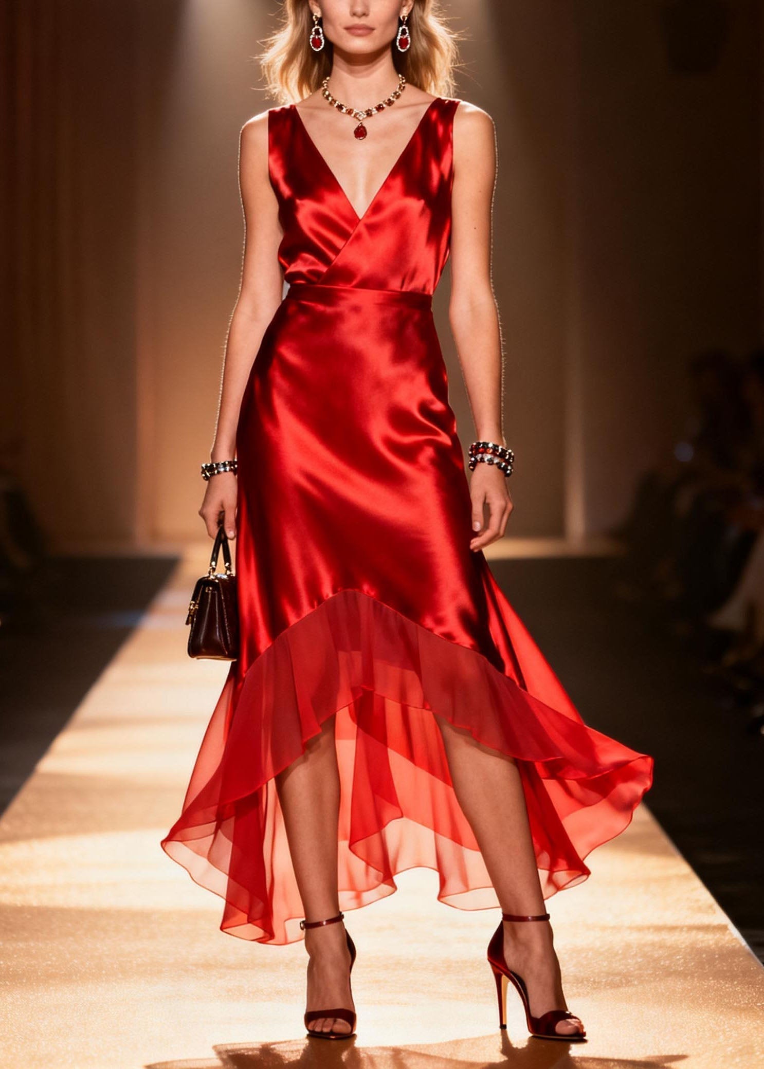 Satin Wrap V-Neck Sleeveless Tiered Chiffon Ruffle Hem Midi Dress