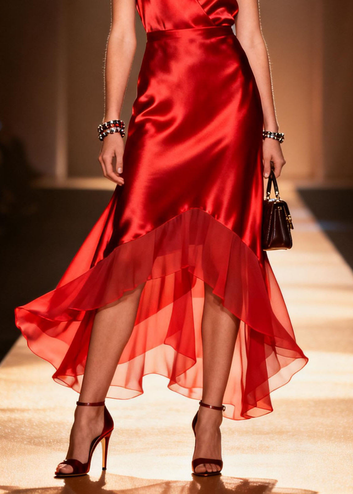 Satin Wrap V-Neck Sleeveless Tiered Chiffon Ruffle Hem Midi Dress
