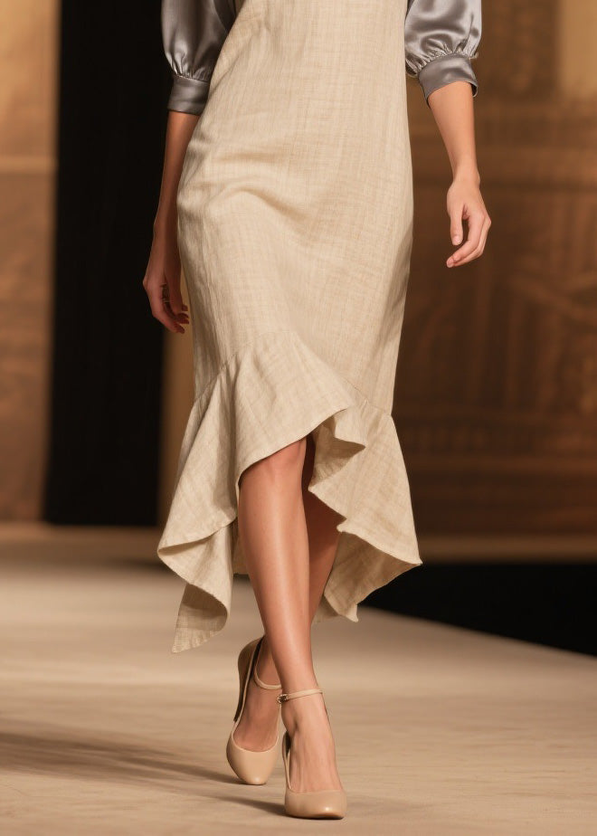 Deep V-Neck Puff Sleeve Satin Contrast Trim Wide Ruffle High Low Midi Dress