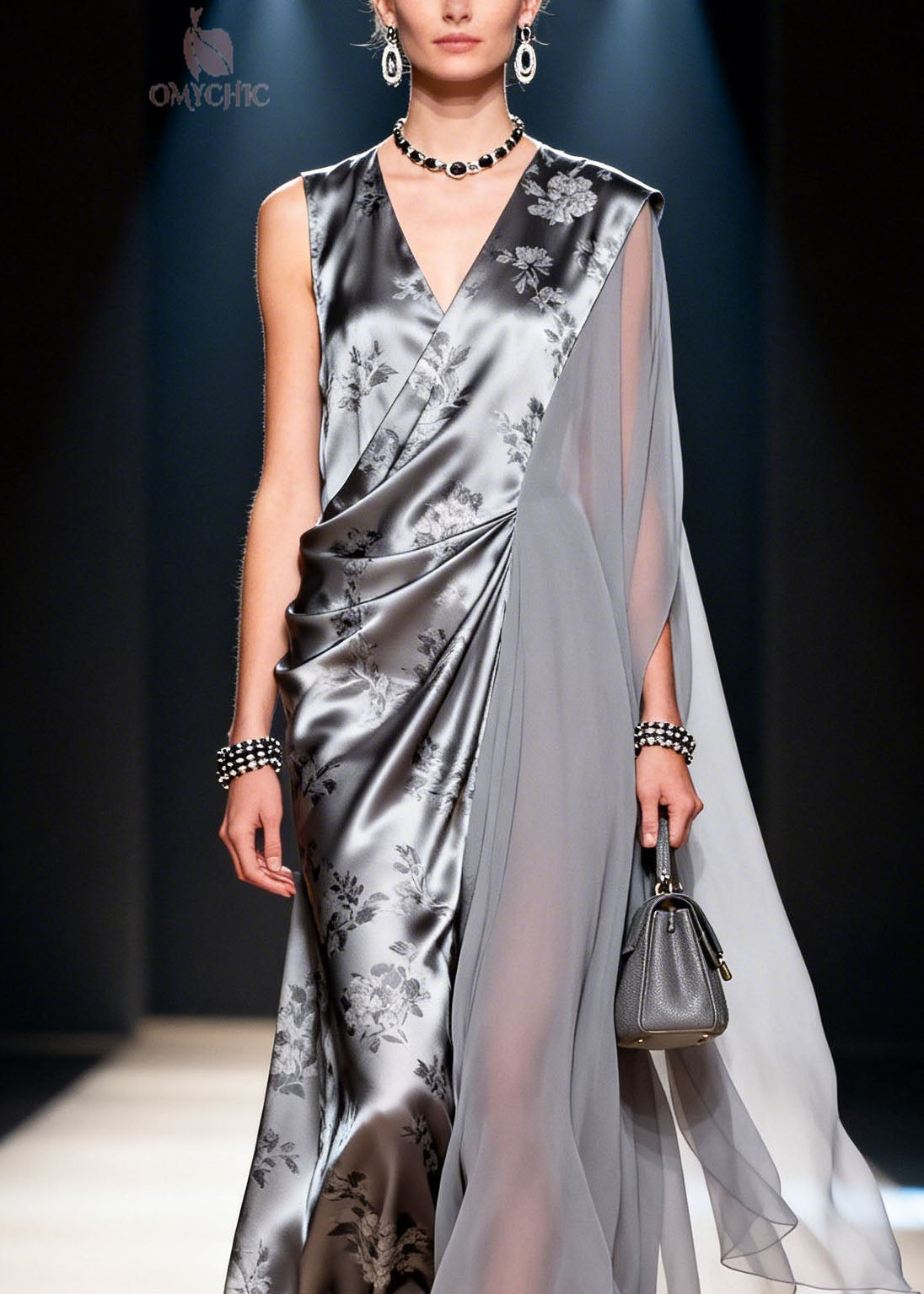 Floral Print Satin Deep V-Neck Draped Chiffon Panel Sleeveless Wrap Maxi Gown
