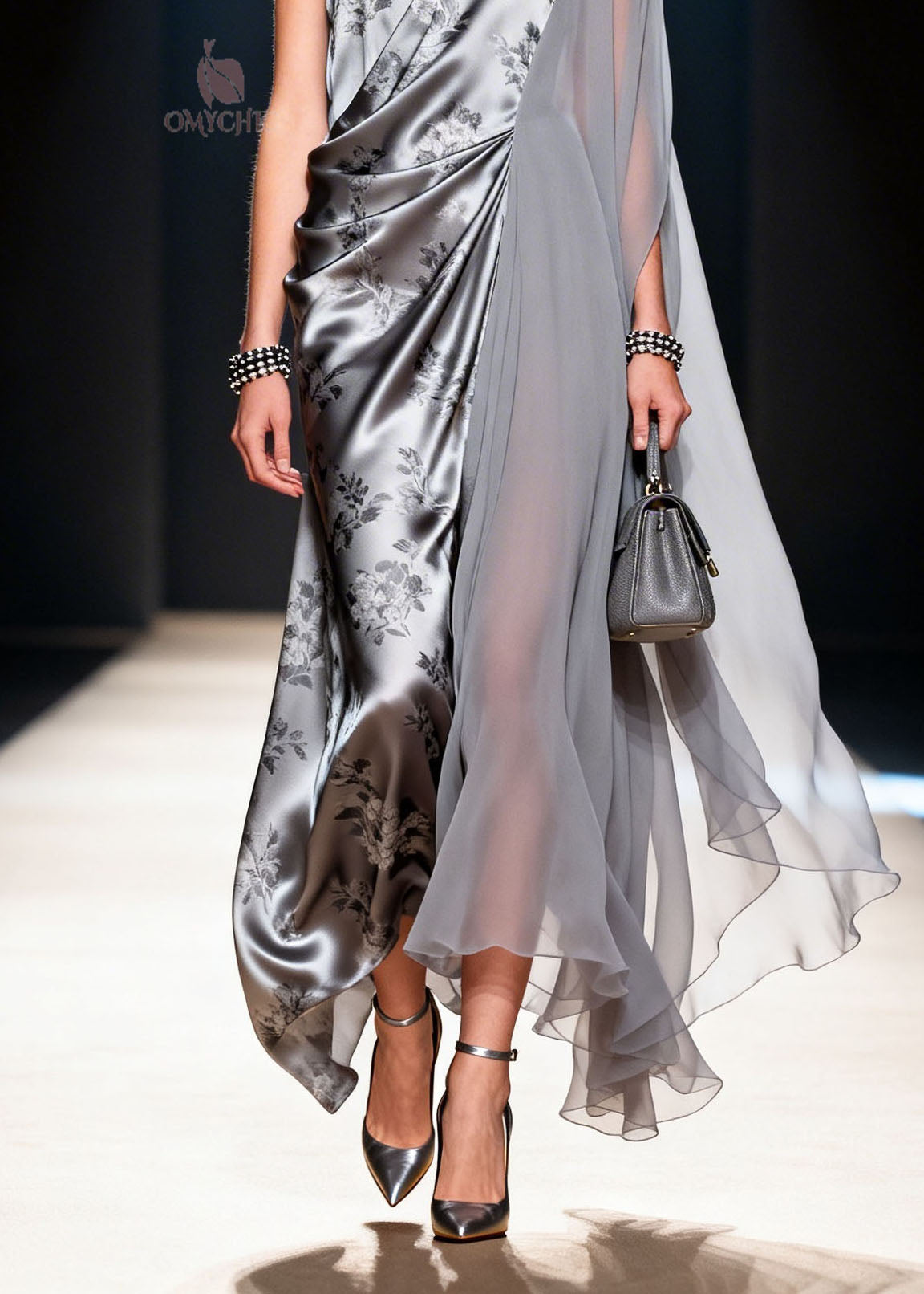Floral Print Satin Deep V-Neck Draped Chiffon Panel Sleeveless Wrap Maxi Gown