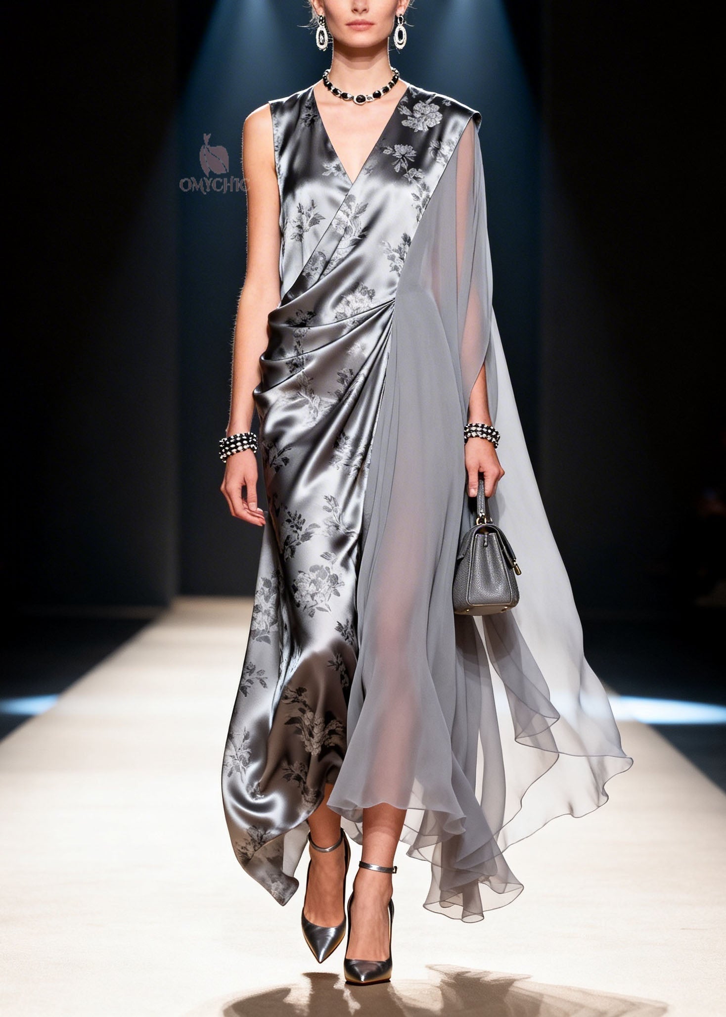 Floral Print Satin Deep V-Neck Draped Chiffon Panel Sleeveless Wrap Maxi Gown