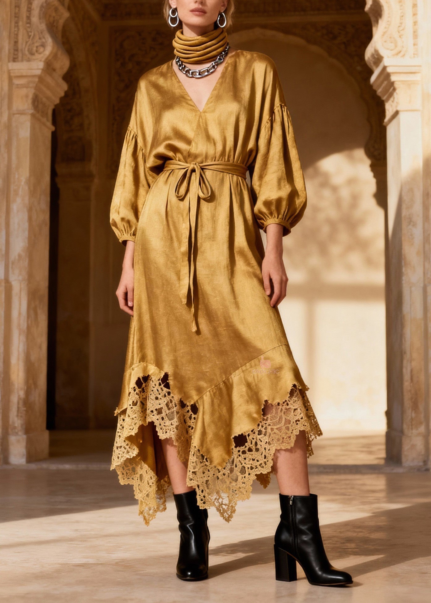 Satin Wrap V-Neck Balloon Sleeve Crochet Lace Asymmetric Hem Midi Dress