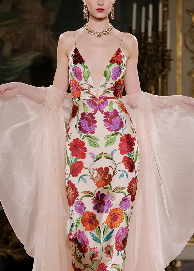 Floral Embroidery Spaghetti Strap Deep V-Neck Midi Dress Sheer Cape Two Piece Set