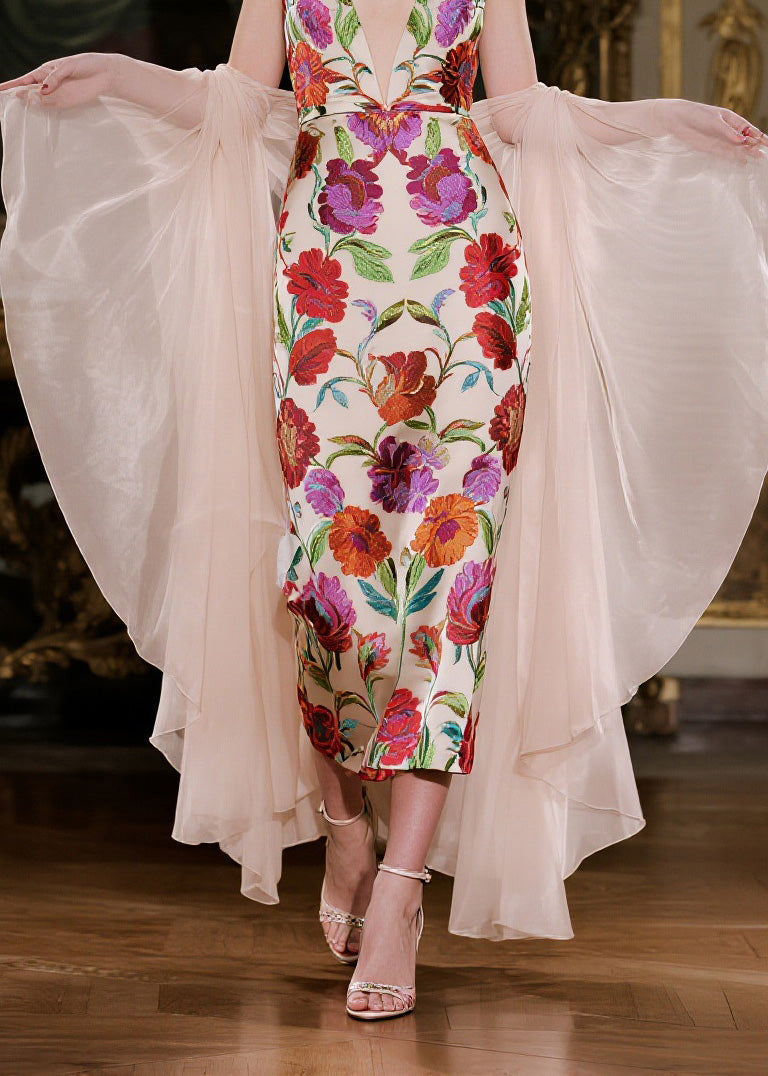 Floral Embroidery Spaghetti Strap Deep V-Neck Midi Dress Sheer Cape Two Piece Set