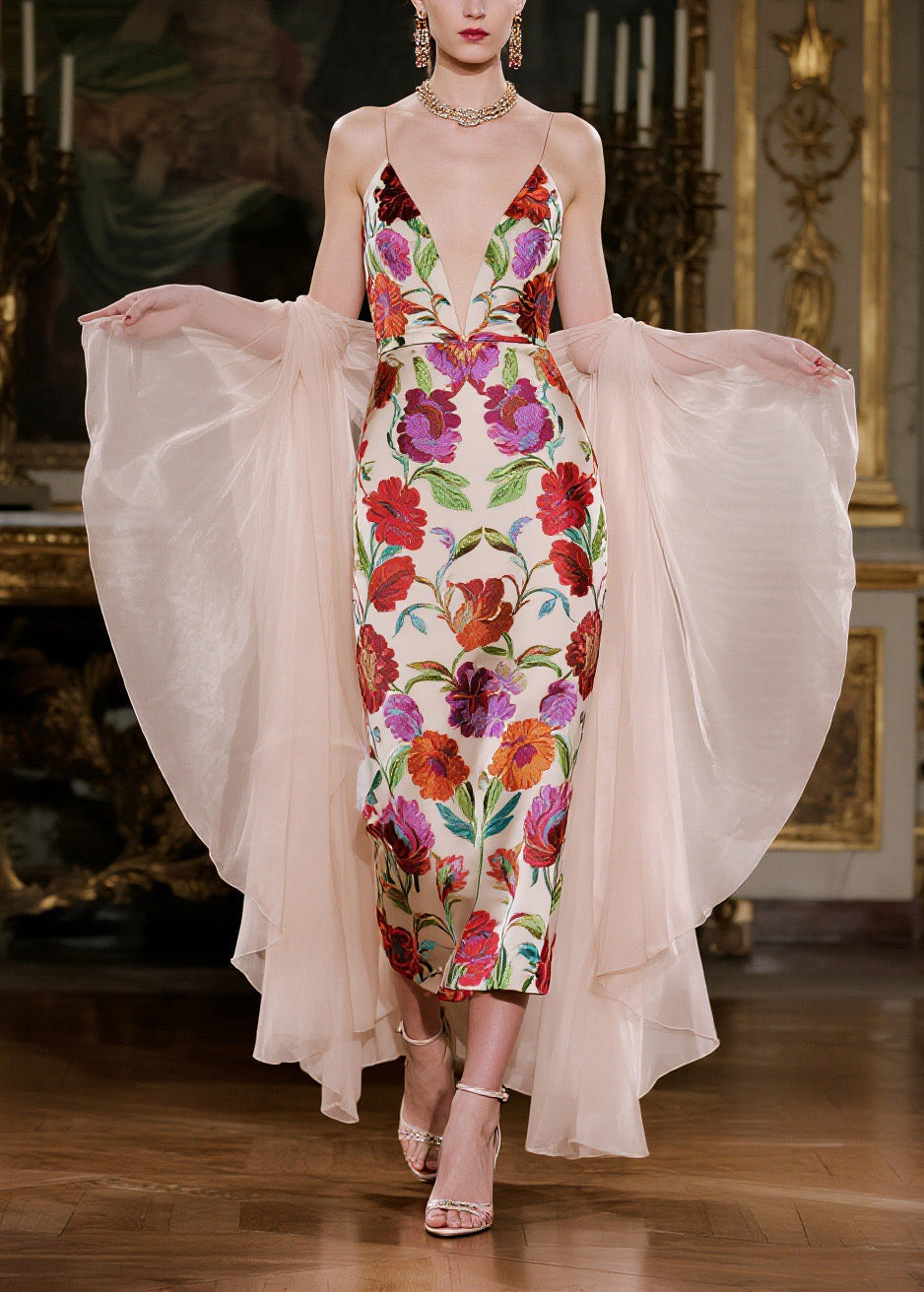 Floral Embroidery Spaghetti Strap Deep V-Neck Midi Dress Sheer Cape Two Piece Set