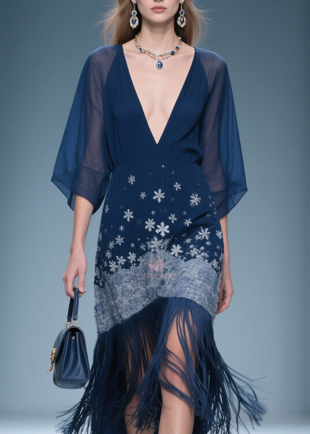 Fine V Neck Print Tassel Chiffon Maxi Dresses Summer 2