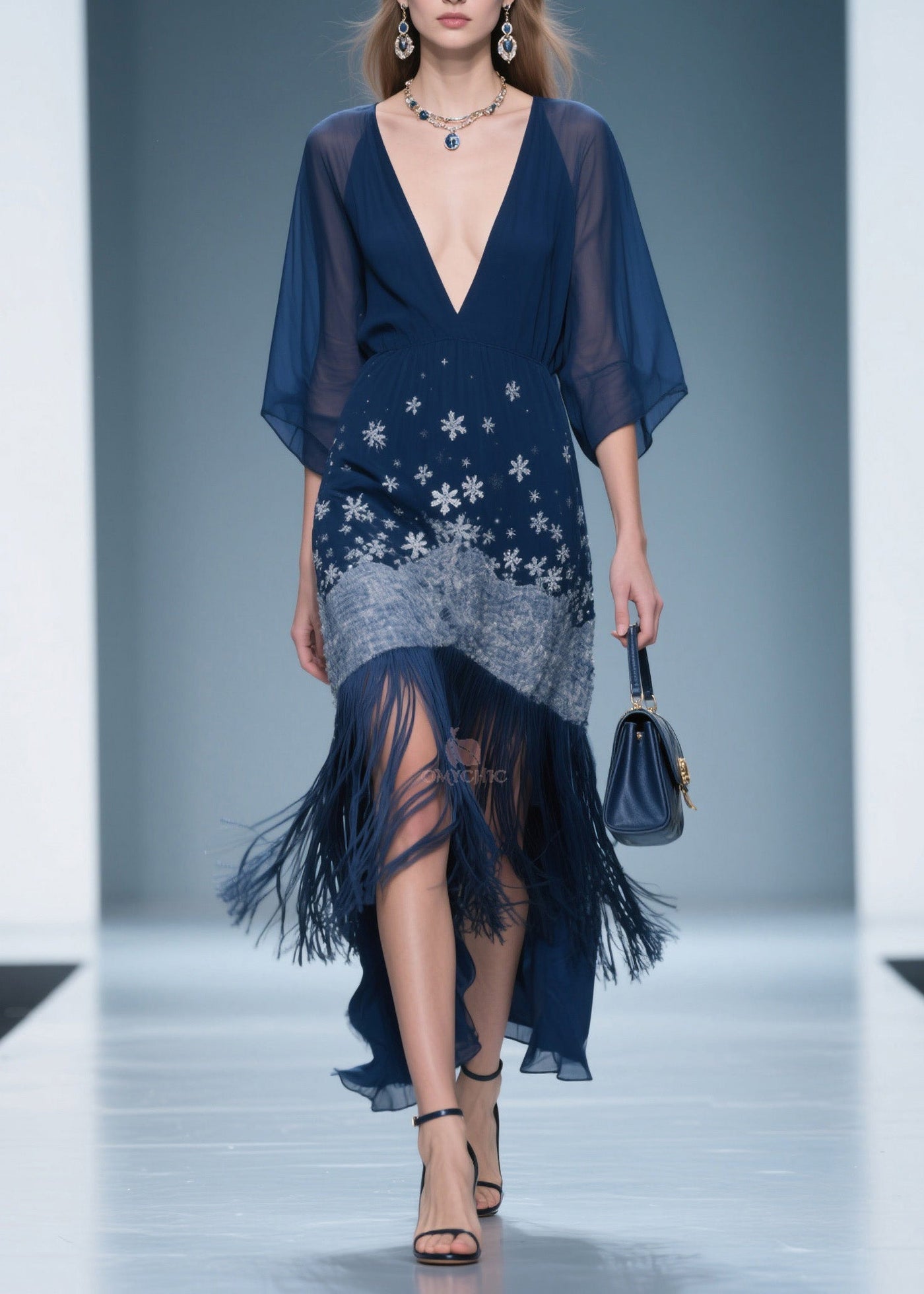 Fine V Neck Print Tassel Chiffon Maxi Dresses Summer 3