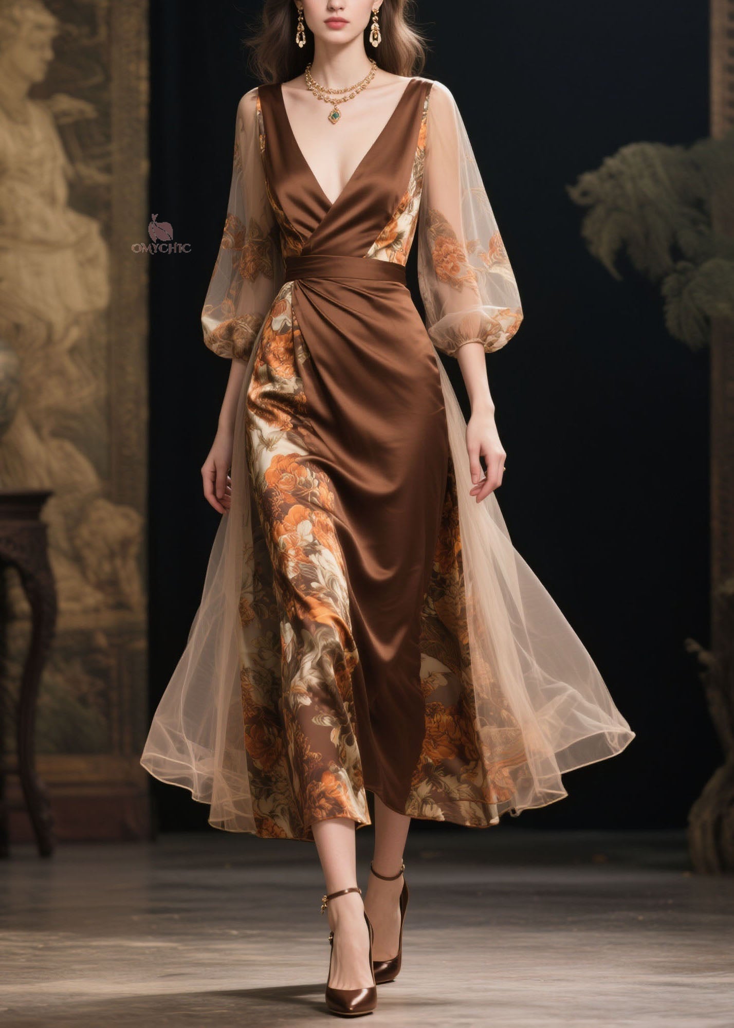 Floral Print Wrap Deep V-Neck Mesh Balloon Sleeve Layered Tulle Maxi Gown