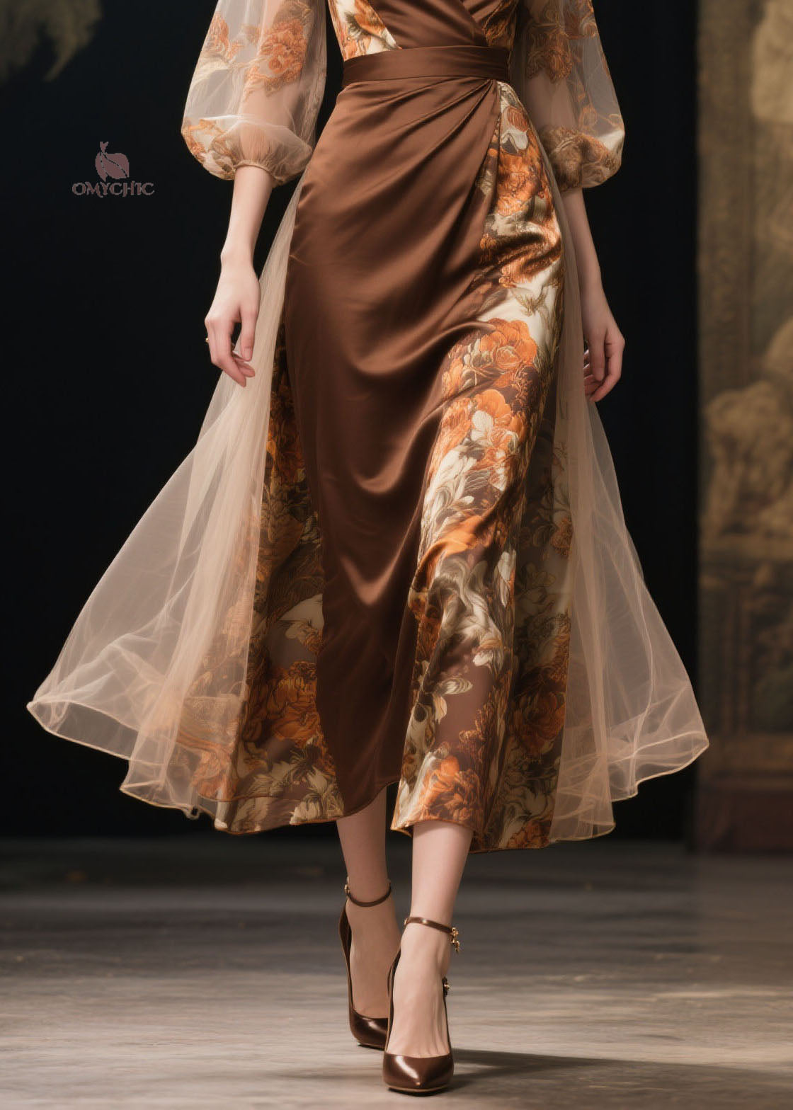 Floral Print Wrap Deep V-Neck Mesh Balloon Sleeve Layered Tulle Maxi Gown