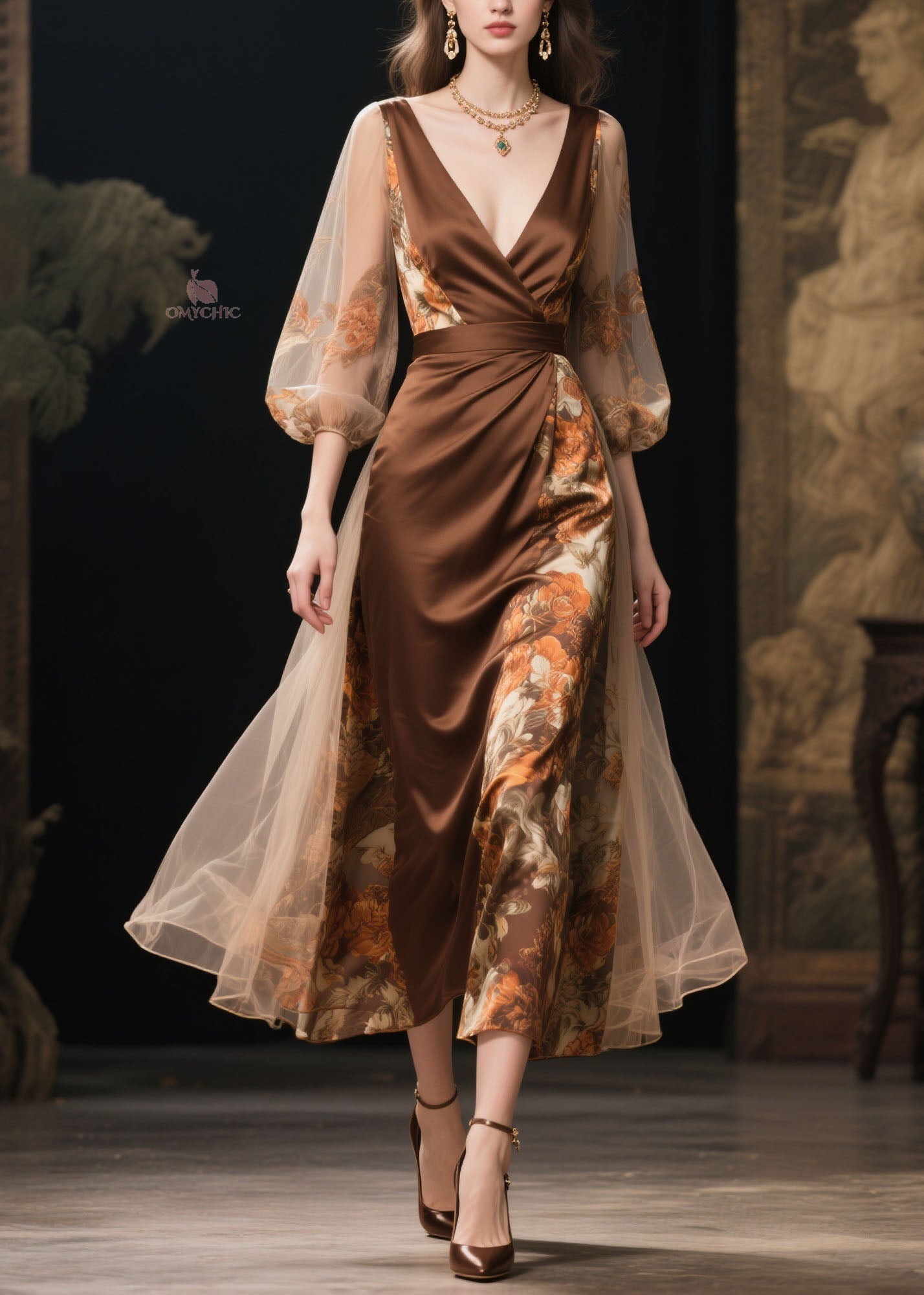 Floral Print Wrap Deep V-Neck Mesh Balloon Sleeve Layered Tulle Maxi Gown