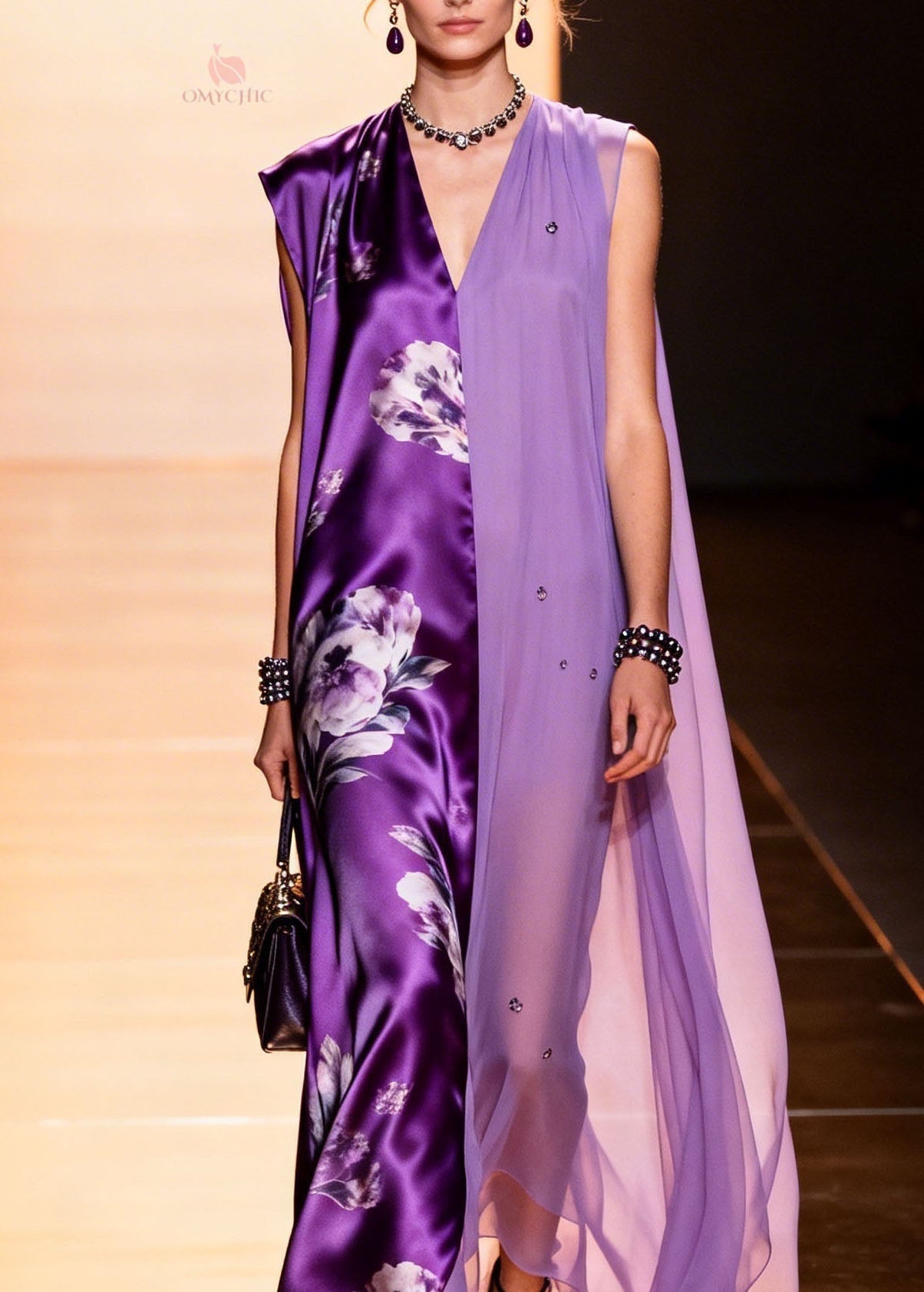 Floral Satin Beaded Chiffon Split Panel Deep V-Neck Cape Panel Maxi Gown