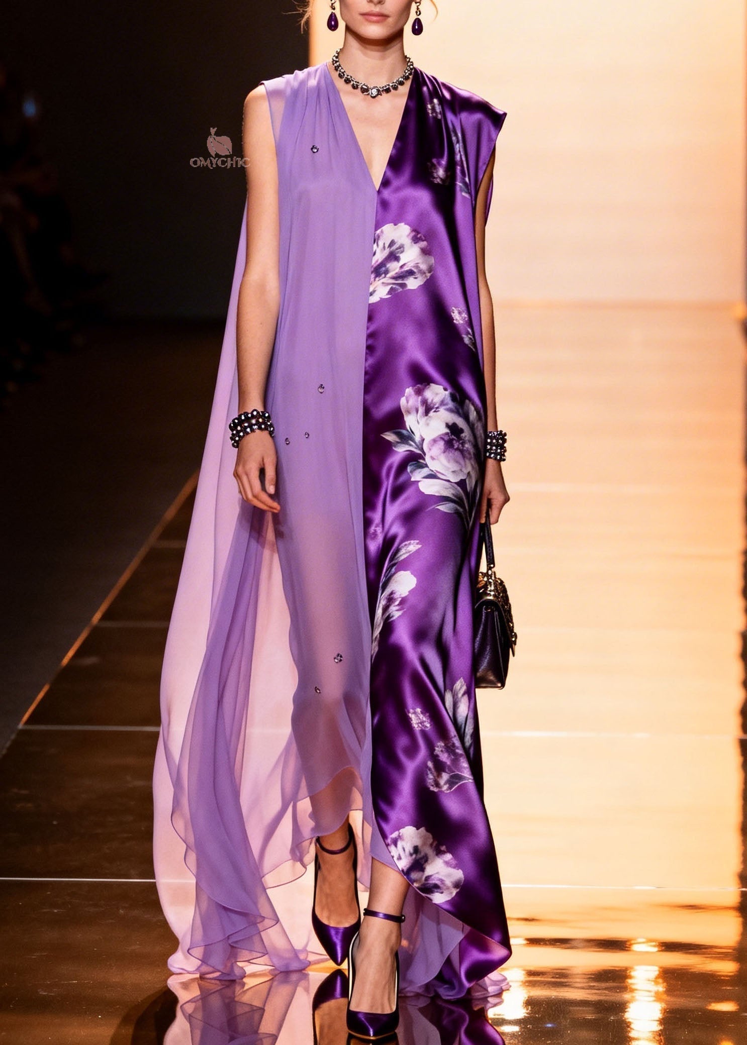 Floral Satin Beaded Chiffon Split Panel Deep V-Neck Cape Panel Maxi Gown