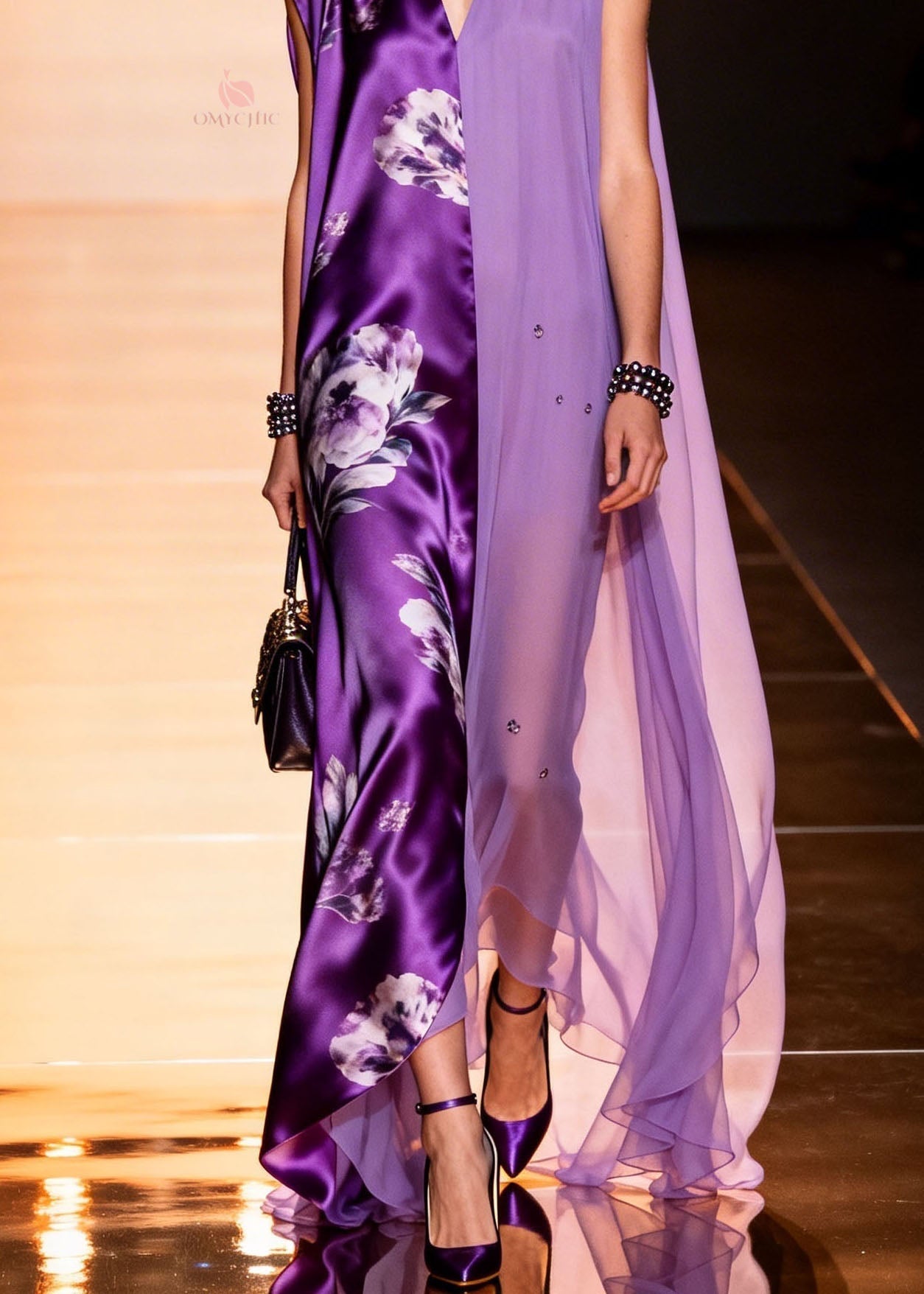Floral Satin Beaded Chiffon Split Panel Deep V-Neck Cape Panel Maxi Gown
