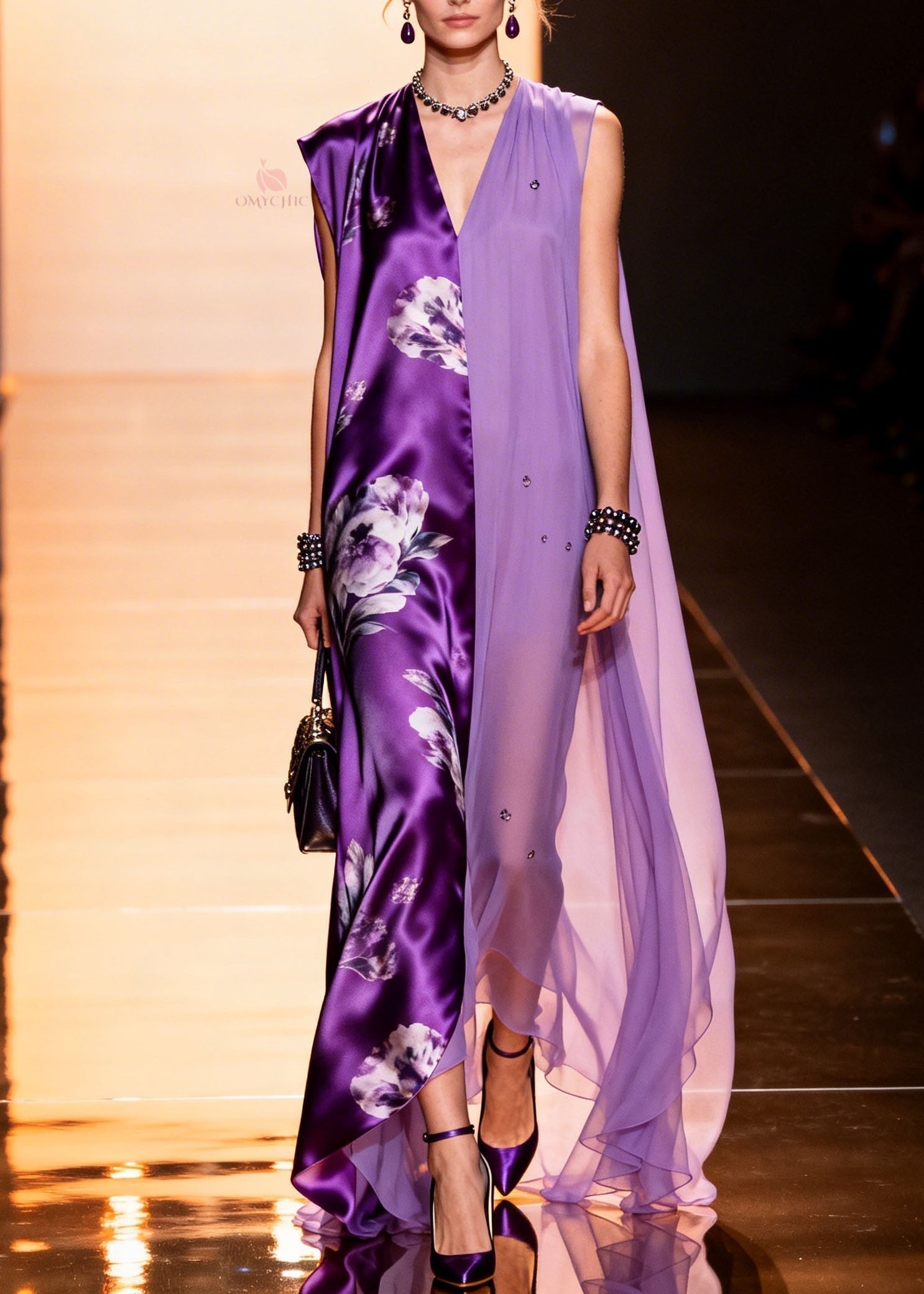 Floral Satin Beaded Chiffon Split Panel Deep V-Neck Cape Panel Maxi Gown