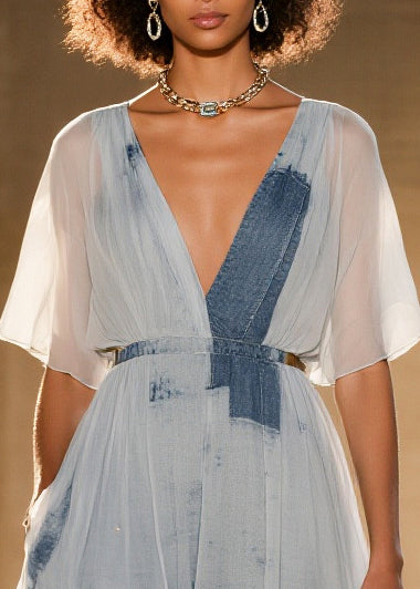 Patchwork Tulle Deep V-Neck Flutter Sleeve Belted Fit and Flare Mini Dress