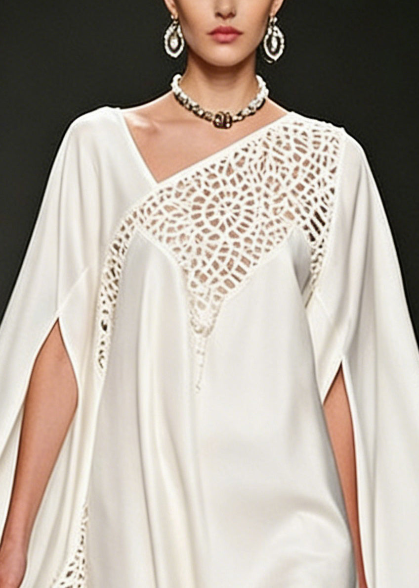Asymmetrical Lace Cut Out Chiffon Cape Sleeve Flowy Mini Dress