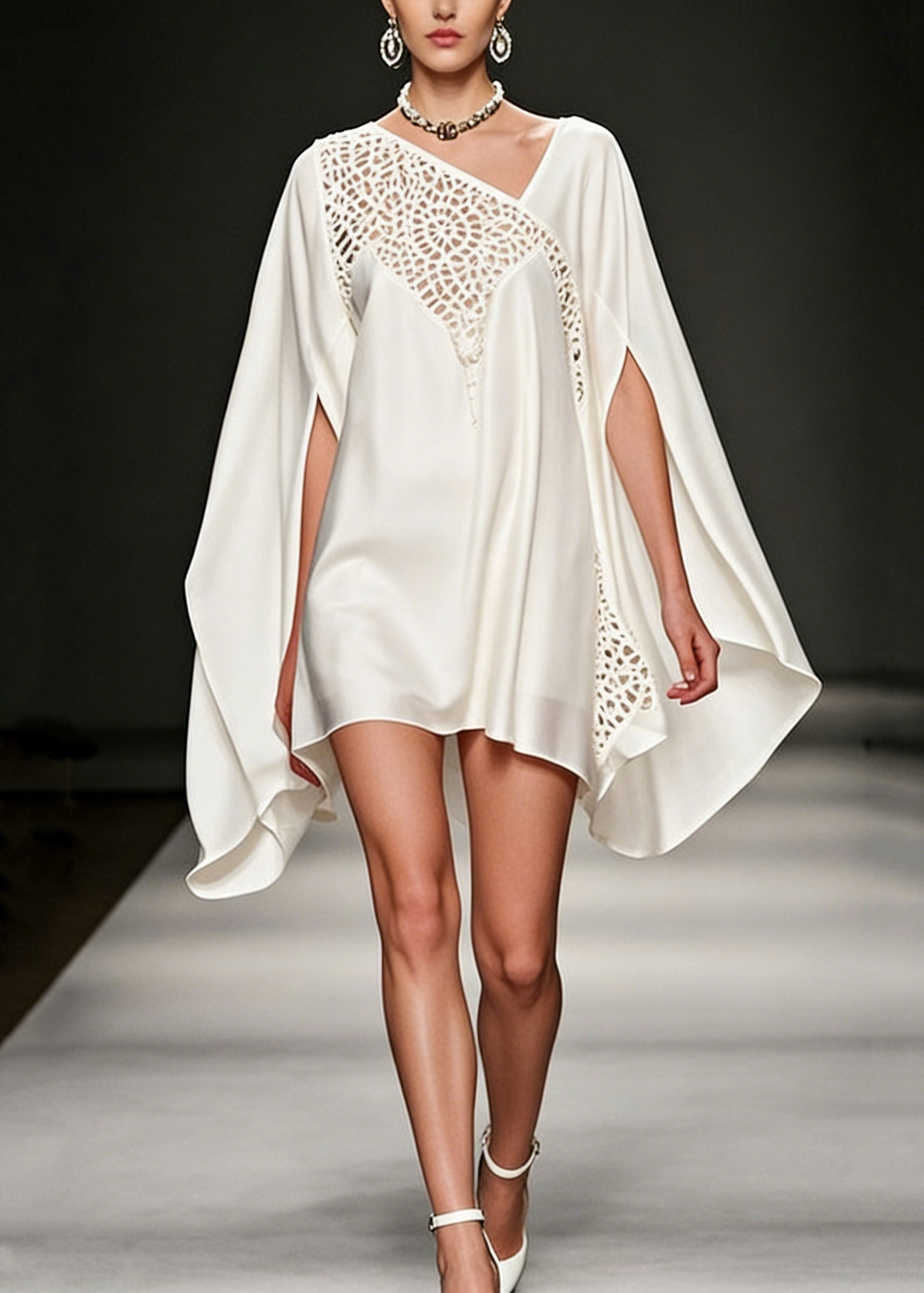 Asymmetrical Lace Cut Out Chiffon Cape Sleeve Flowy Mini Dress