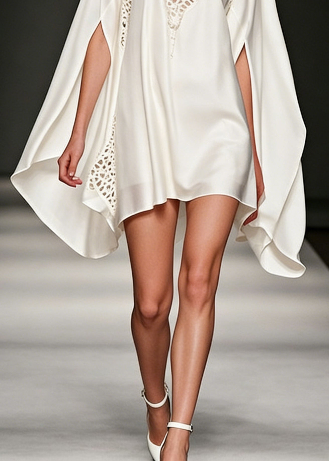 Asymmetrical Lace Cut Out Chiffon Cape Sleeve Flowy Mini Dress