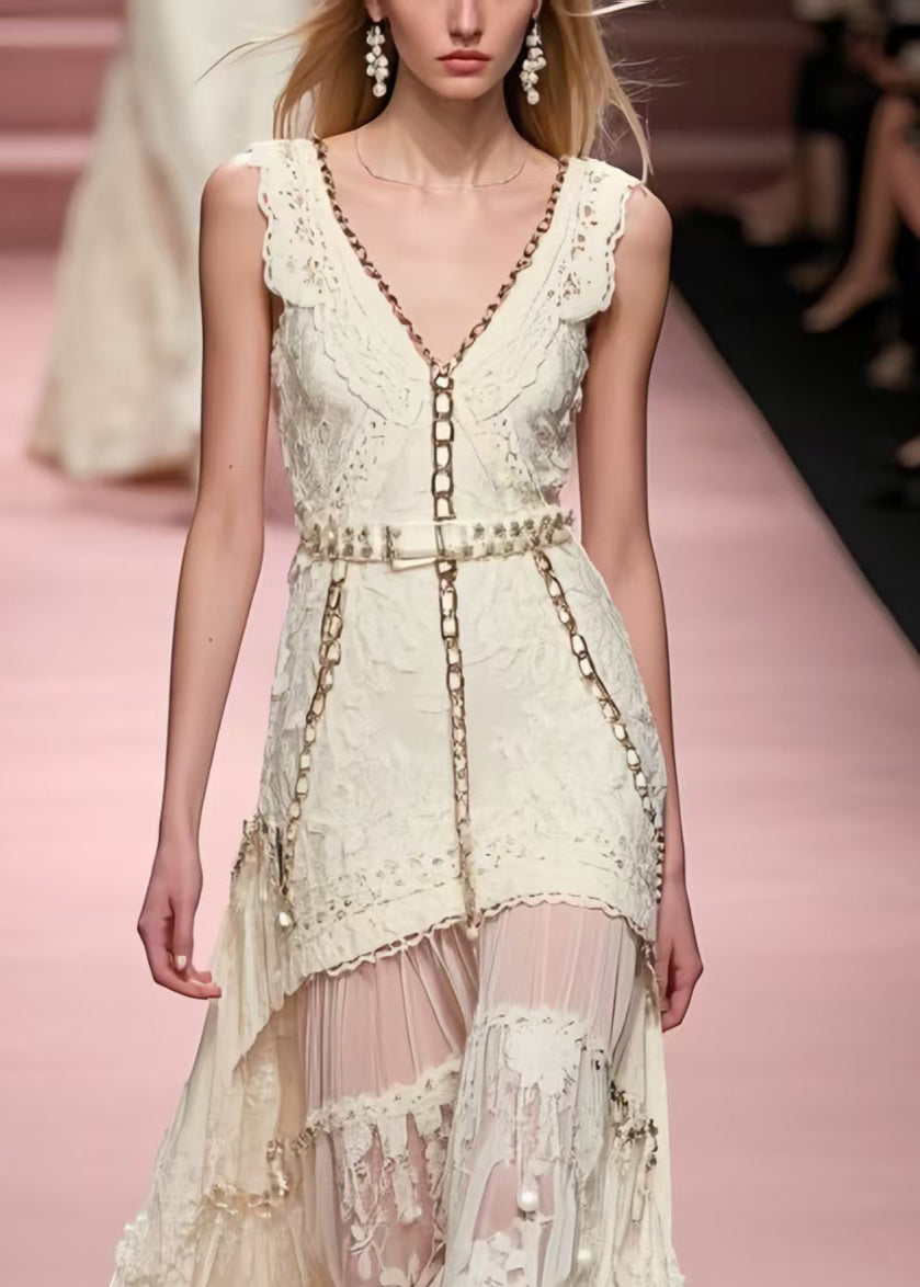 Lace V-Neck Chain Trim Belted Pearl Detail Layered Sheer Maxi Gown
