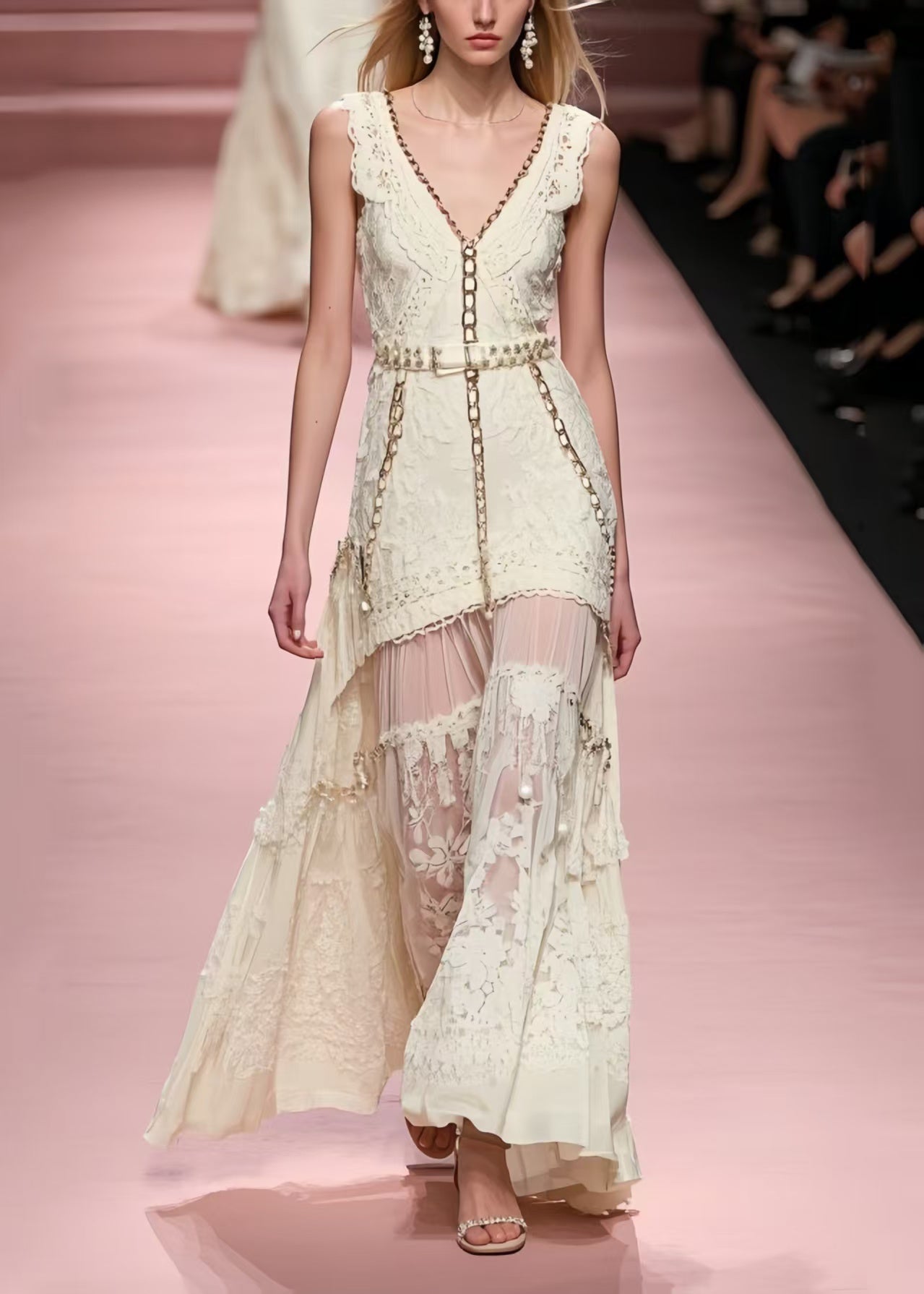 Lace V-Neck Chain Trim Belted Pearl Detail Layered Sheer Maxi Gown