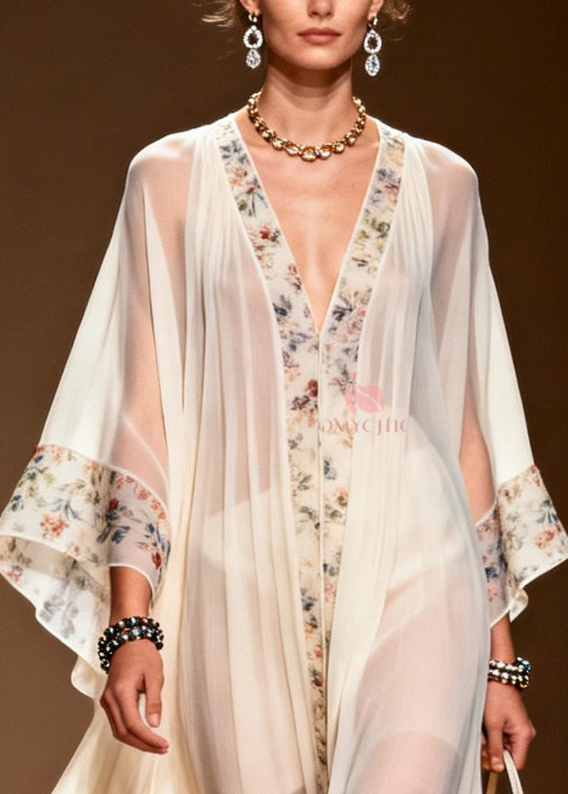 Sheer Chiffon Floral Border Deep V-Neck Kimono Sleeve Gathered Tier Maxi Gown