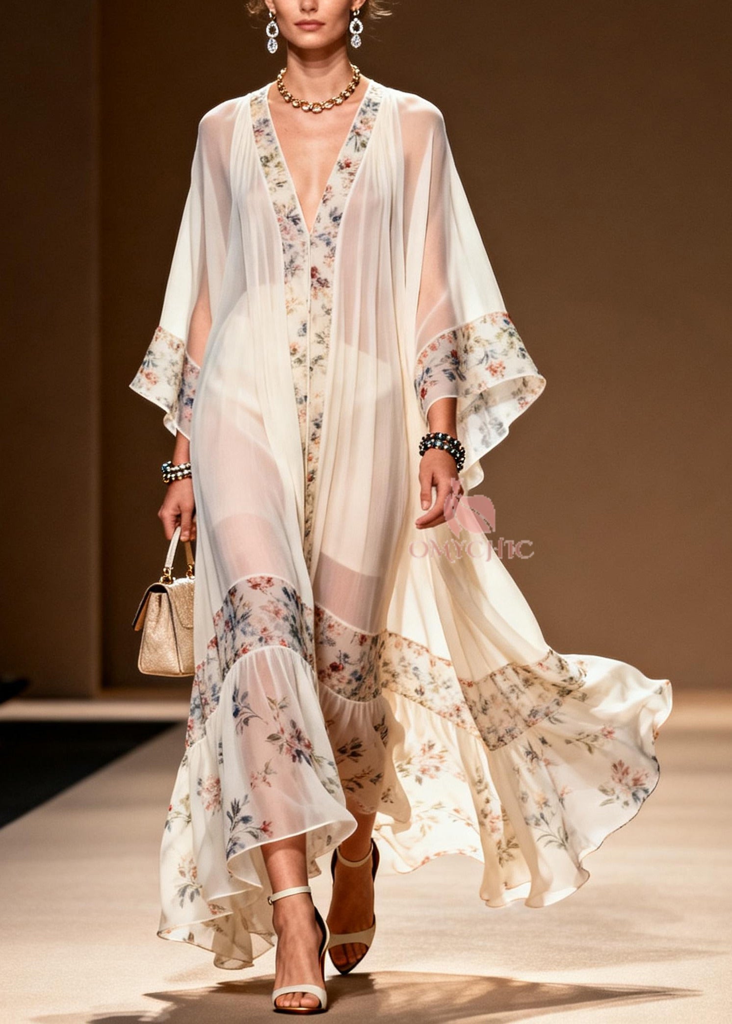 Sheer Chiffon Floral Border Deep V-Neck Kimono Sleeve Gathered Tier Maxi Gown