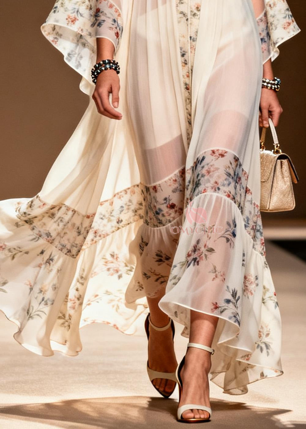 Sheer Chiffon Floral Border Deep V-Neck Kimono Sleeve Gathered Tier Maxi Gown